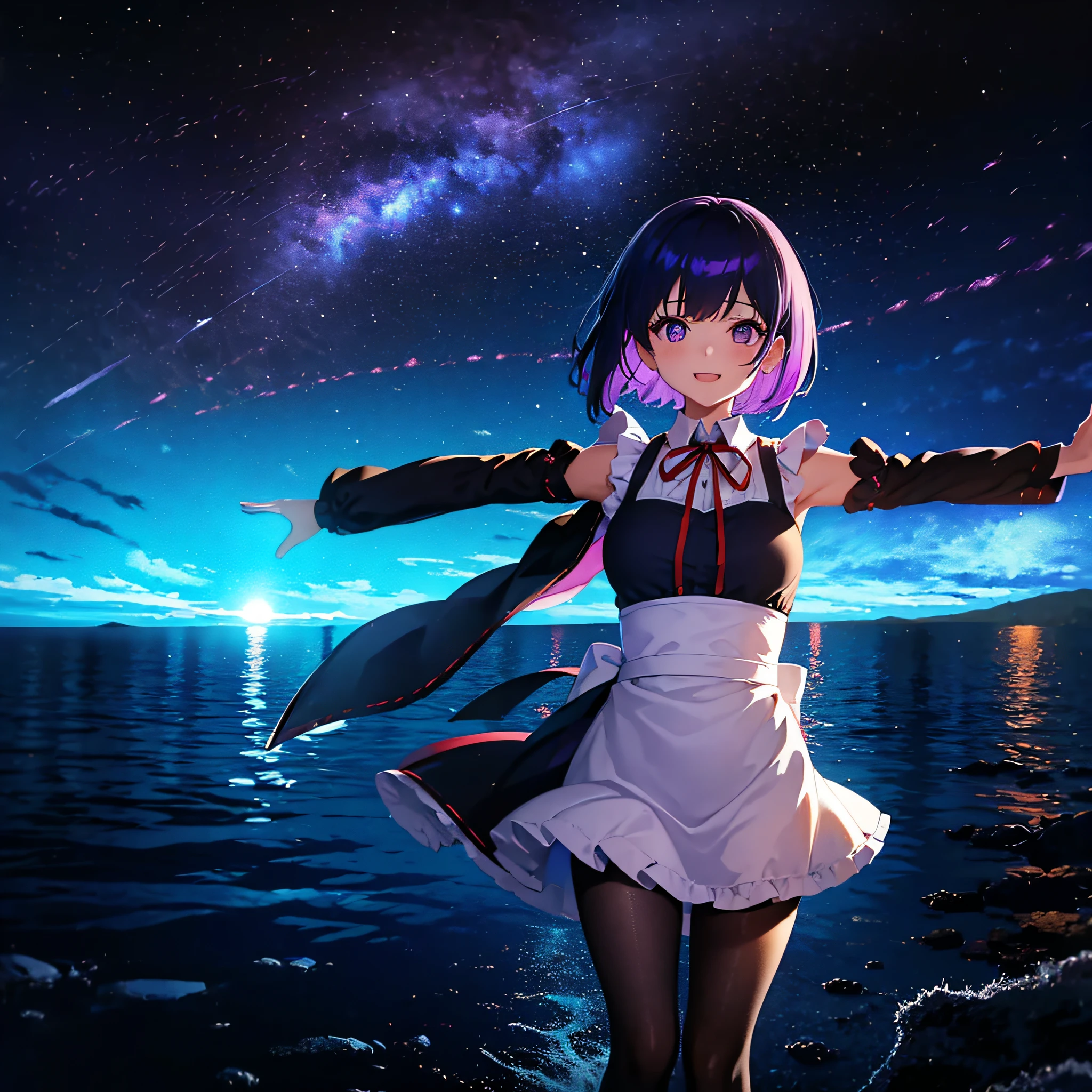 (masutepiece:1.3), (Best Quality:1.3), High resolution, Couboy Shot, I'm on the street with my arms outstretched and a big smile on my face.、Retro cityscape、Spread your arms、Hair color is purple、Blue Mesh、Squat position、Vivid sea、Iridescent Sea、huge smile、Spectacular background、The sun's rays illuminate her so beautifully, (One Cute Girl:1.3), 、Short hair, Hair over one eye, Large breasts, frilld, Neck ribbon, Swim in the sea、Spectacular sunlight seen from the deep sea、Dress, Detached sleeves, White Apron, Waist apron, White pantyhose