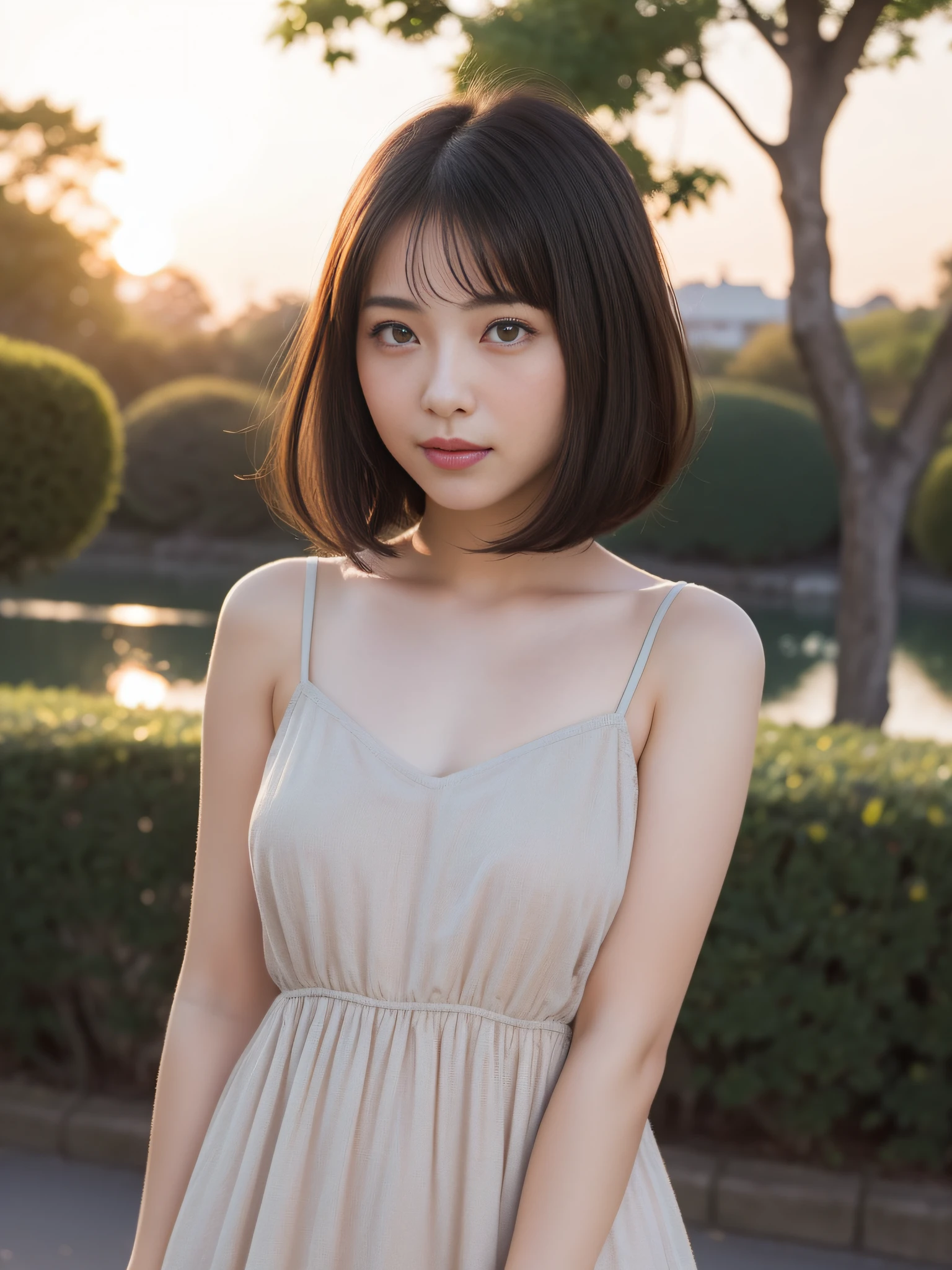 1young girls, Extremely beautiful, (Extremely cute), (extremely detailed beautiful face), Amazing face and eyes, rather dense hair、bob cuts、slightly brighter eyes、no-makeup、(Mini dress with camisole)、(Best Quality:1.4), (Ultra-detailed), extremely detailed CG unified 8k wallpaper, A hyper-realistic, (Photorealsitic:1.4), (full body Esbian:1.2)、Raw photography, professional photograpy, Cinematic lighting, Realistic portrait, ((Bokeh)), (depth of fields:1.4), (View photographer:1.3)、18year old、(Inokashira Park),(Inokashira Pond)、Accurate eyes、Beautiful mouth、Beautiful Nose、(Keep your mouth completely closed)、(early evening:1.3)、(look at a camera)、(brilliant sunset:1.3)