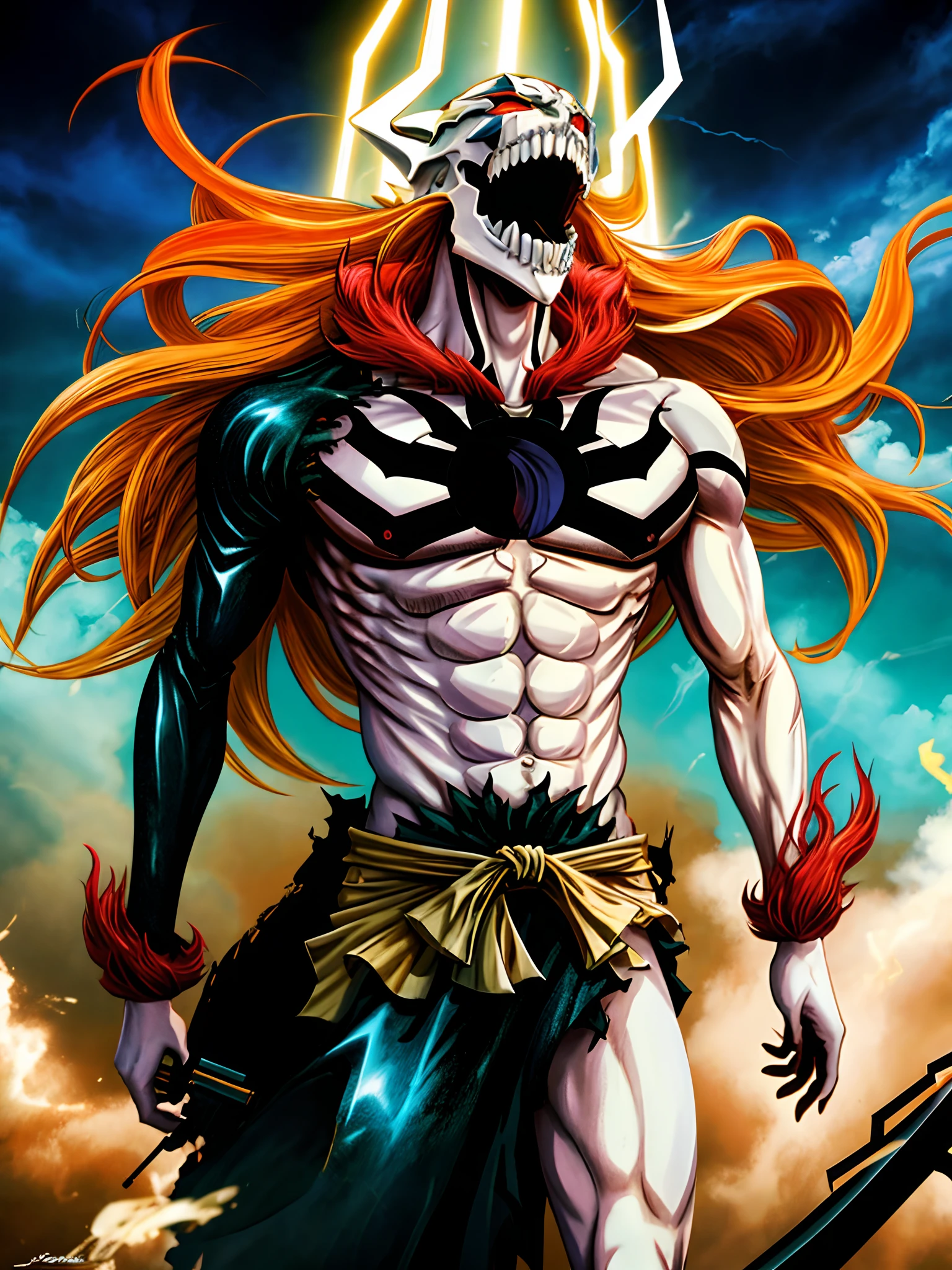 masterpiece, best quality, Ichigo Vasto Lorde, 1boy, sword, cinematic light, soft lightning, epic, badass pose,dark sky, absolutely stunning art, extremely detailed, highest quality digital art,black tattoos