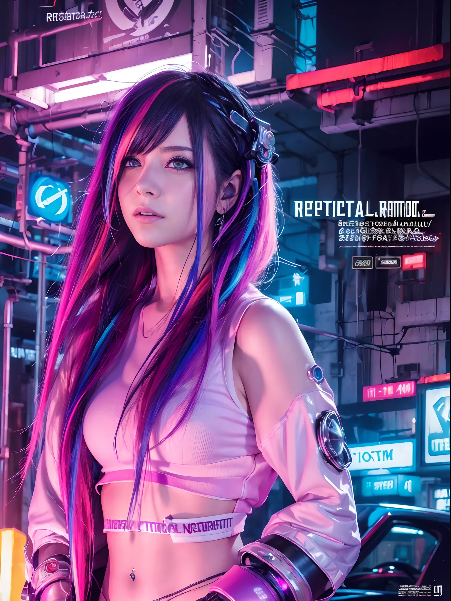 (photo realistic:1.4), (hyper realistic:1.4), (realistic:1.3), (smoother lighting:1.05), (increase cinematic lighting quality:0.9)cyberpunk punk magazine covers,cyberpunk punk cyborg girl,Rainbow Color