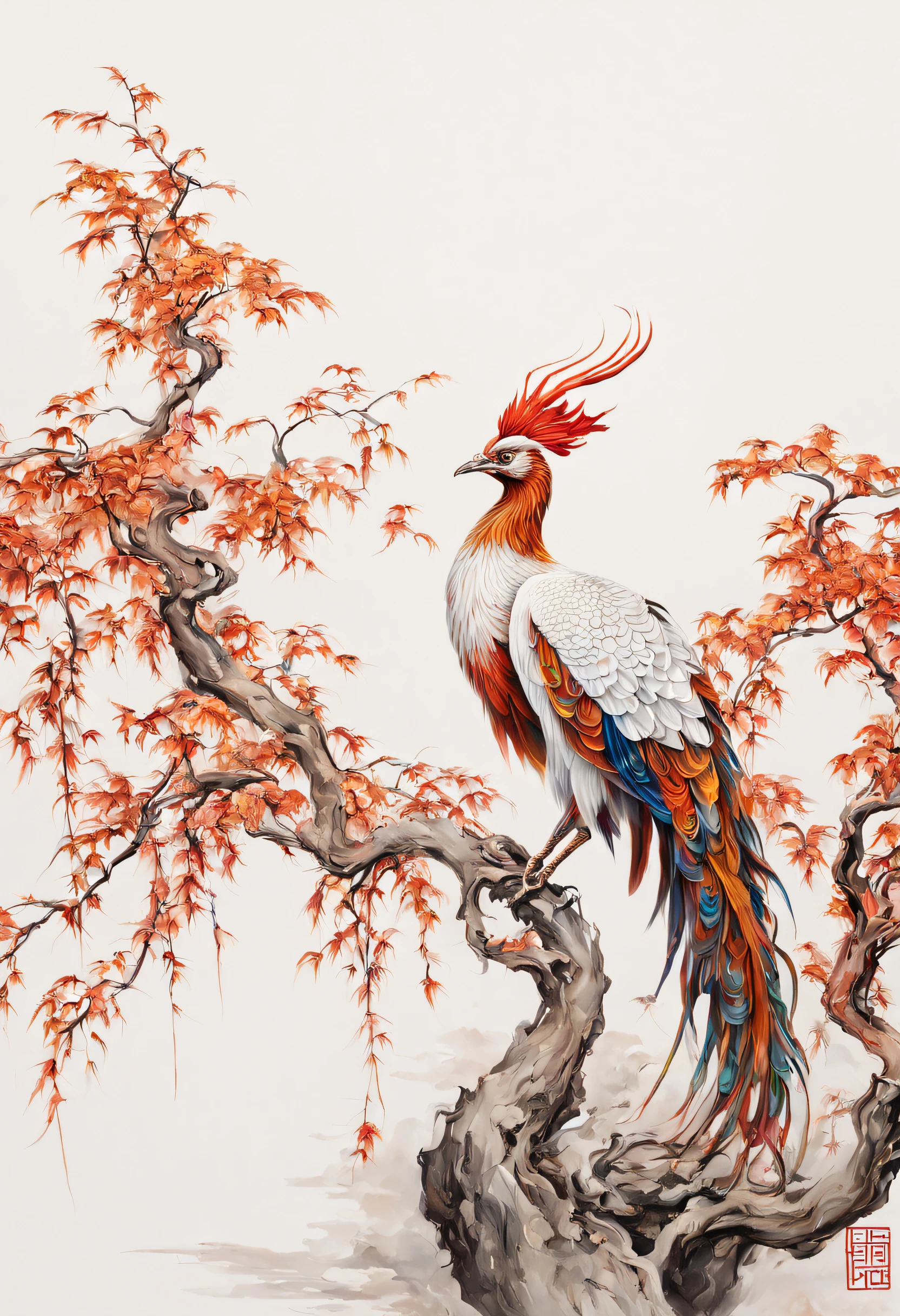 Colorful Chinese phoenix，plane trees，Surrounded by flames，[(White background:1.5)::5]，中景 the scene is，full bodyesbian，China-style，florals，stone fragment，Beautiful and delicate Chinese phoenix，（Fine strokes：1.1）, Dynamic depiction, Vivid authenticity, mesmerizing charm, rich pictures, 8K, Ink painting, art-deco, projected inset,  Wide-angle, super detailing, Best quality, A high resolution