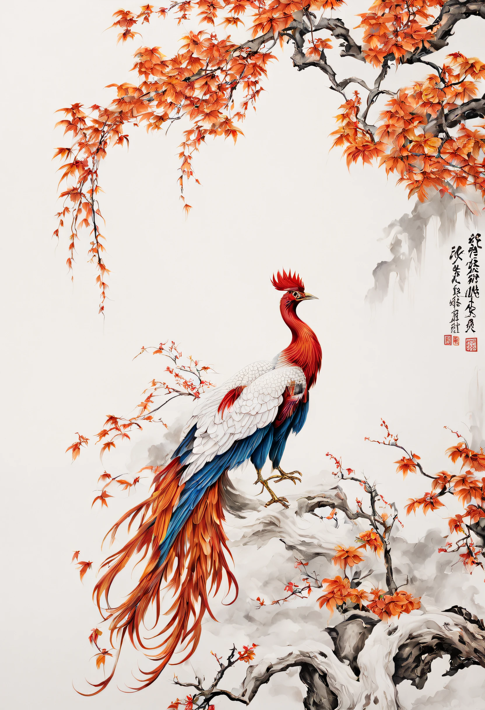 Colorful Chinese phoenix，plane trees，Surrounded by flames，[(White background:1.5)::5]，中景 the scene is，full bodyesbian，China-style，florals，stone fragment，Beautiful and delicate Chinese phoenix，（Fine strokes：1.1）, Dynamic depiction, Vivid authenticity, mesmerizing charm, rich pictures, 8K, Ink painting, art-deco, projected inset,  Wide-angle, super detailing, Best quality, A high resolution