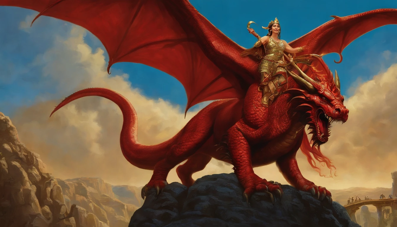 I saw a woman riding a crimson beast. The body of the beast was filled with blasphemous names, Seven heads, And ten horns.
  She was dressed in crimson and crimson, Decorated with gold, gemstones, And pearls, And in her hand was a golden goblet, It's full of ugly and filthy things from her fornication.
  And on his forehead "Babylon the Great, The prodigal son of the earth and the mother of all ugly things"It was symbolically recorded.
   And I saw that she was drunk with the blood of the saints and the blood of those who were martyred for Jesus.Another sign appeared in the sky. This time, A large red dragon appeared., 7 Head and, He had 10 horns,, A crown was placed on each head, Holding a golden ball in your hand, Illustration of a woman riding a dragon, Full-color painting, Akira in Chinese mythology, Epic Full Color Illustration, Clyde Caldwell(Clyde Caldwell)Inspired by, Aries fiery Ram Taro, Dragonlance Illustration, Gilgamesh, Tarot Card Chariot, Songs inspired by Larry Elmore, Color Illustration, Mythological works, Larry Elmore : 0. 5, victory