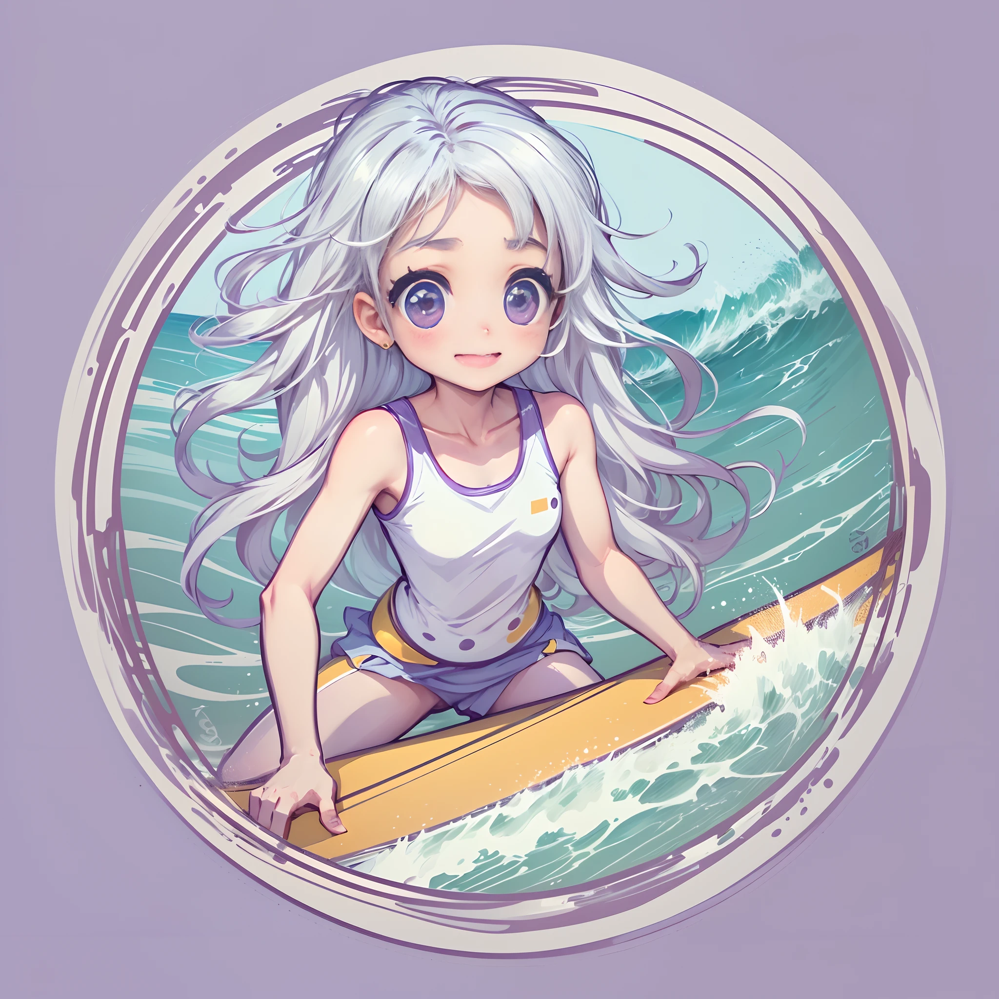 (a sticker),(White background),((in circle)), (Anime girl surfing in the sea on surfboard), long layered silvery white hair,Light purple eyes,joyful expressions,cute clothing.((Gold border)),Simple, Ultra detailed, Detailed drawing, vectorised, Silhouette, 8K, professional sticker design, Flat design, Vector lines, Sticker, Drawing, Drawing, Full-HD
