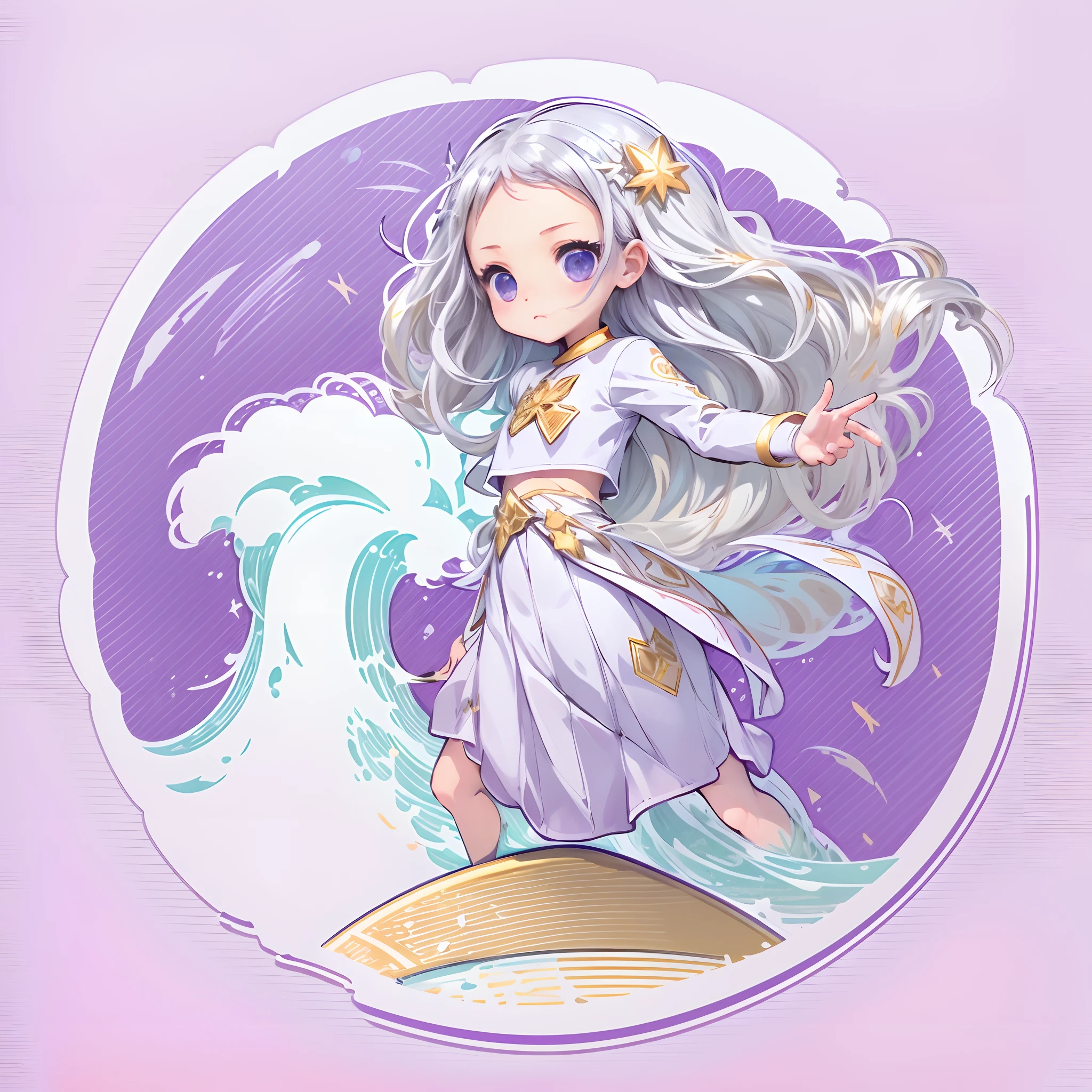(a sticker),(White background),((in circle)), (Anime girl surfing in the sea on surfboard), long layered silvery white hair,Light purple eyes,joyful expressions,cute clothing.((Gold border)),Simple, Ultra detailed, Detailed drawing, vectorised, Silhouette, 8K, professional sticker design, Flat design, Vector lines, Sticker, Drawing, Drawing, Full-HD