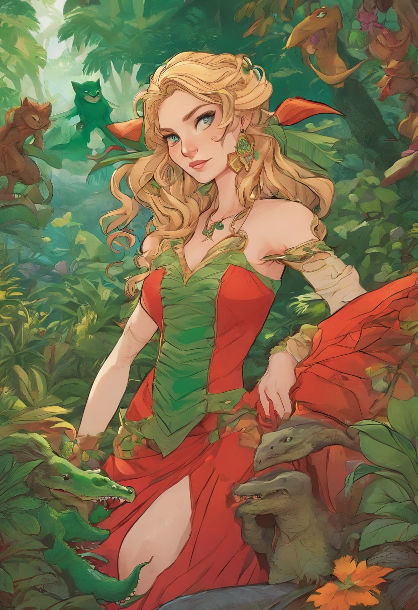 a witch with a crocodile face full body green skin with a red dress and blonde hair in a tropical forest, fantasy, dreamlike, unreal engine, cozy indoor lighting, artstation, detailed, digital painting, cinematic, character design by mark ryden and pixar and hayao miyazaki, unreal 5, daz, hyperrealistic, octane render
