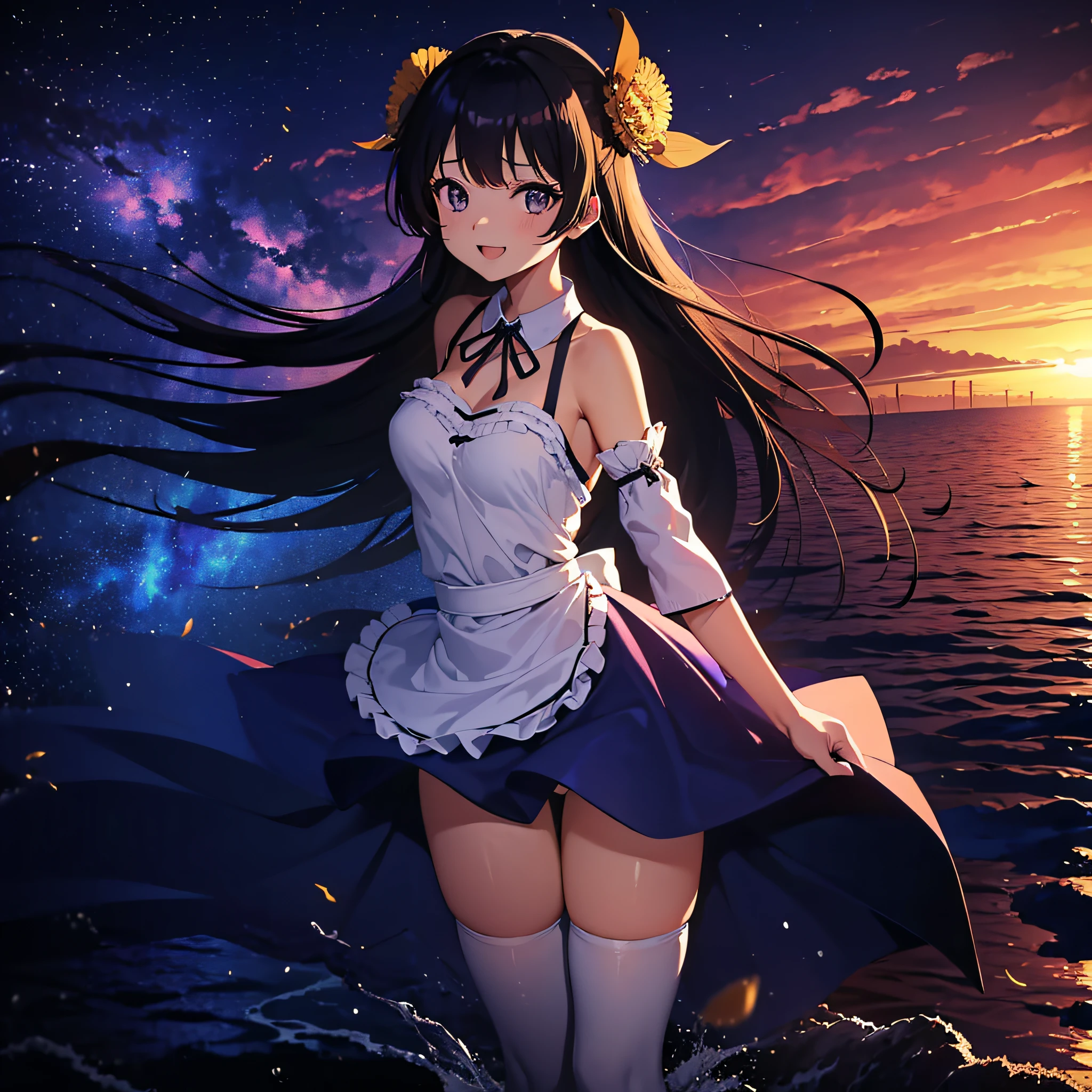 (masutepiece:1.3), (Best Quality:1.3), High resolution, Couboy Shot, I'm on the street with my arms outstretched and a big smile on my face.、Retro cityscape、Spread your arms、Hair color is purple、Long hair、Blue Mesh、Squat position、Vivid sea、Iridescent Sea、huge smile、Spectacular background、The sun's rays illuminate her so beautifully, (One Cute Girl:1.3), 、Long hair, Hair over one eye, Large breasts, Neck ribbon, Swim in the sea、Spectacular sunlight seen from the deep sea、Dress, Detached sleeves, White Apron, Waist apron, White pantyhose