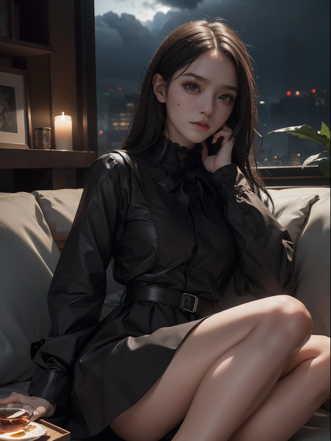 (Hyper-realistic), (Illustration), (High resolution), (8K), (Extremely detailed), (Best Illustration), Yol ( chain saw man ), (Beautiful detailed eyes), (Best Quality), (Ultra-detailed), (masutepiece), (Wallpaper), (Detailed face), Solo, Upper body, Focus on Face, 1 girl, Long Black Hair, Korean, Thin eyeshadow, A detailed eye, Brown eyes, Small moles under the eyes, very slender legs,Long sleeve shirt, Neckbow,  Small breasts,Black leather shoes,pinafore dress, Dynamic Pose, low illuminance, Night, Dark, Clouds, a dark night,sit on sofa,Drinking black tea,