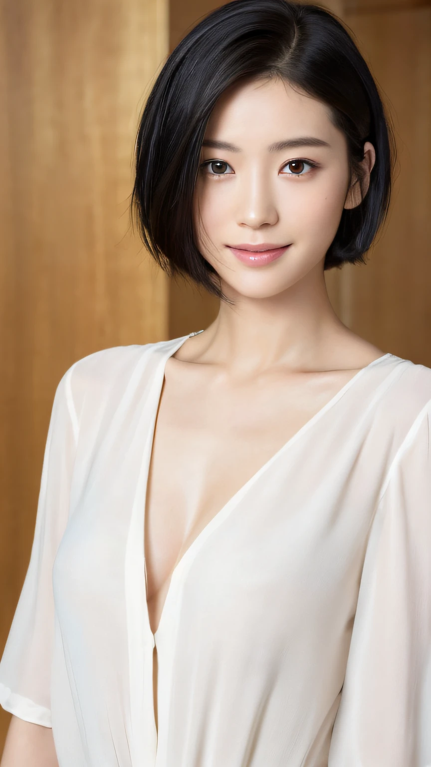 (masterpiece:1.3), (8k, photorealistic, RAW photo, best quality: 1.4), japanese, (1girl), beautiful face, (realistic face), (black hair, short hair:1.3), beautiful hairstyle, realistic eyes, beautiful detailed eyes, (realistic skin), beautiful skin, attractive, ultra high res, ultra realistic, highly detailed, golden ratio, (detaled face:1.2),looking at viewer,smile,open white shirt,medium breasts,standing,hand on hip