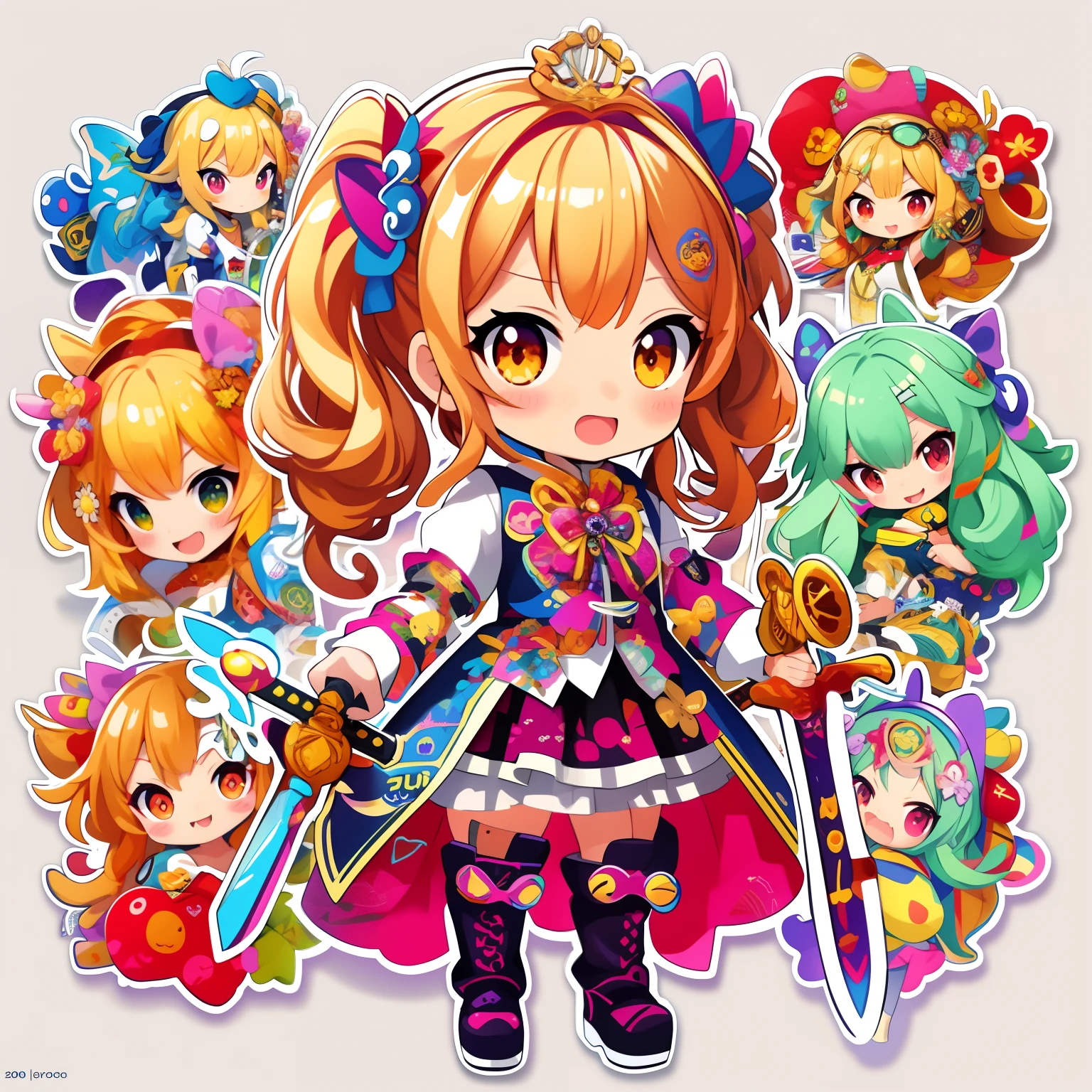 ((stickers))，Sticker，1girll, With a sword, In Sticker style、Geometric pattern background，concept art,sots art，Anime style，Dreamland Wonderland、fanciful，tmasterpiece，k hd，Rich in color，Detailed details，Seven colors,(Best quality,Masterpiece, iintricate,hyper-detailing,8K  UHD,超高分辨率，extremely detaile)