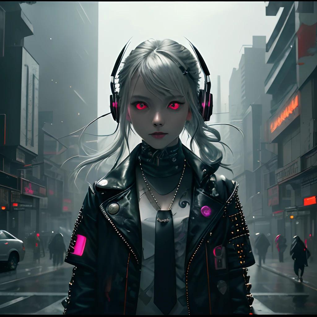 , chromatic abberation, depth of fields, Soft lighting, masutepiece, Best Quality, Convoluted, tone mapped, Highly detailed, art stations, Concept art, Smooth, Sharp Focus, Dramatic Lighting, Highly detailed artwork, Cinematic, painting hyper realistic, Trending on ArtStation, 8K, Incredible shadows, Realistic, (Highly detailed background:1.0), Highly detailed portrait of one girl standing on a street corner, During a storm with lightning strikes and cloudy skies, neon and cyberpunk background, She wears punk clothes with silver chains and silver spikes, She has a butterfly wing hair clip in her wild hair, She wears headphones and a tie, Petite, Detailed glowing red eyes with distinct pupils, Ominous aura halo, Smile, punk, Cyberpunk, Backlighting