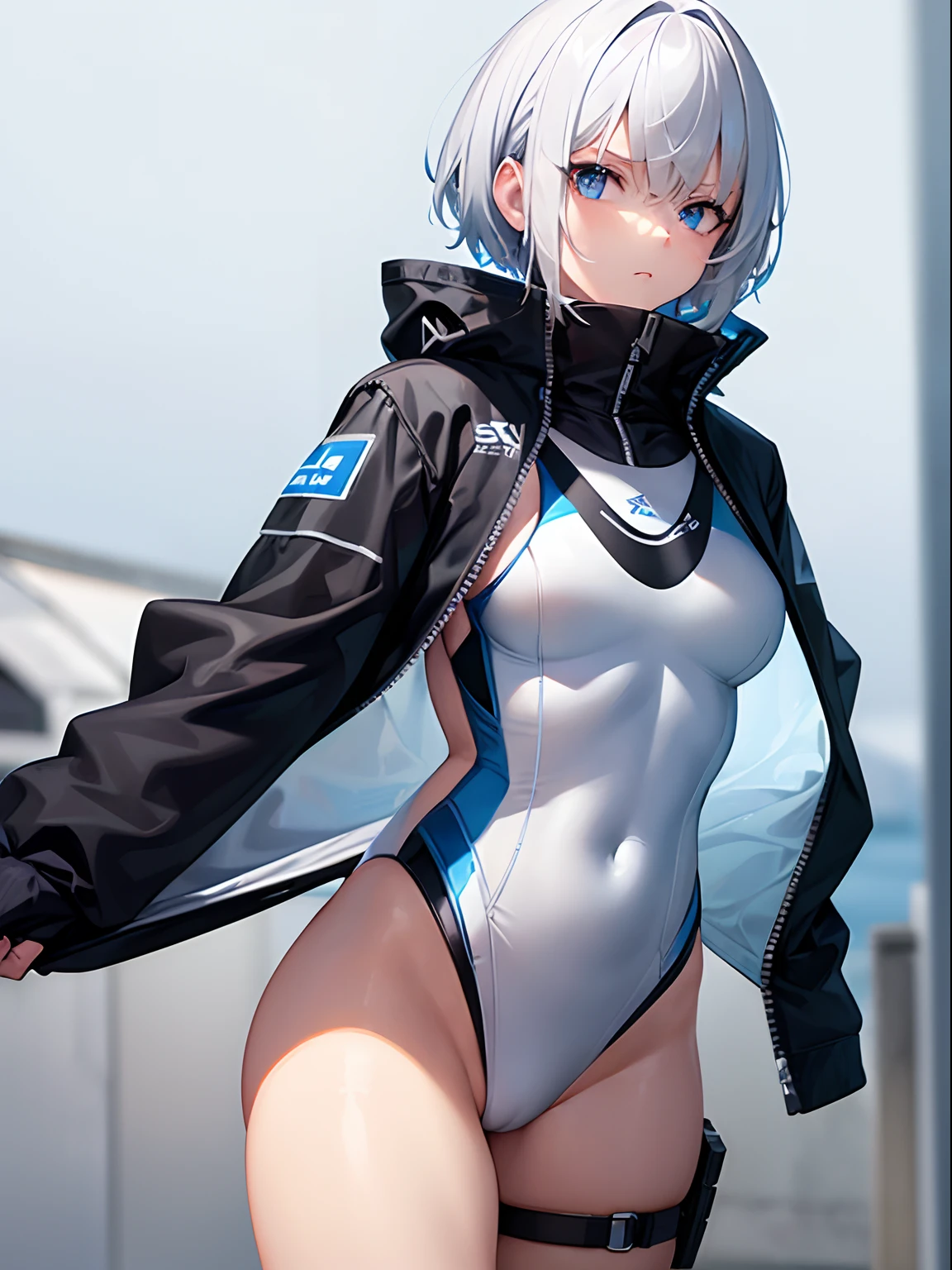 1girl, techwear swimsuit, blue eyes, white hair, ultrasharp, short hair, 8k, looking at viewer, mean stare