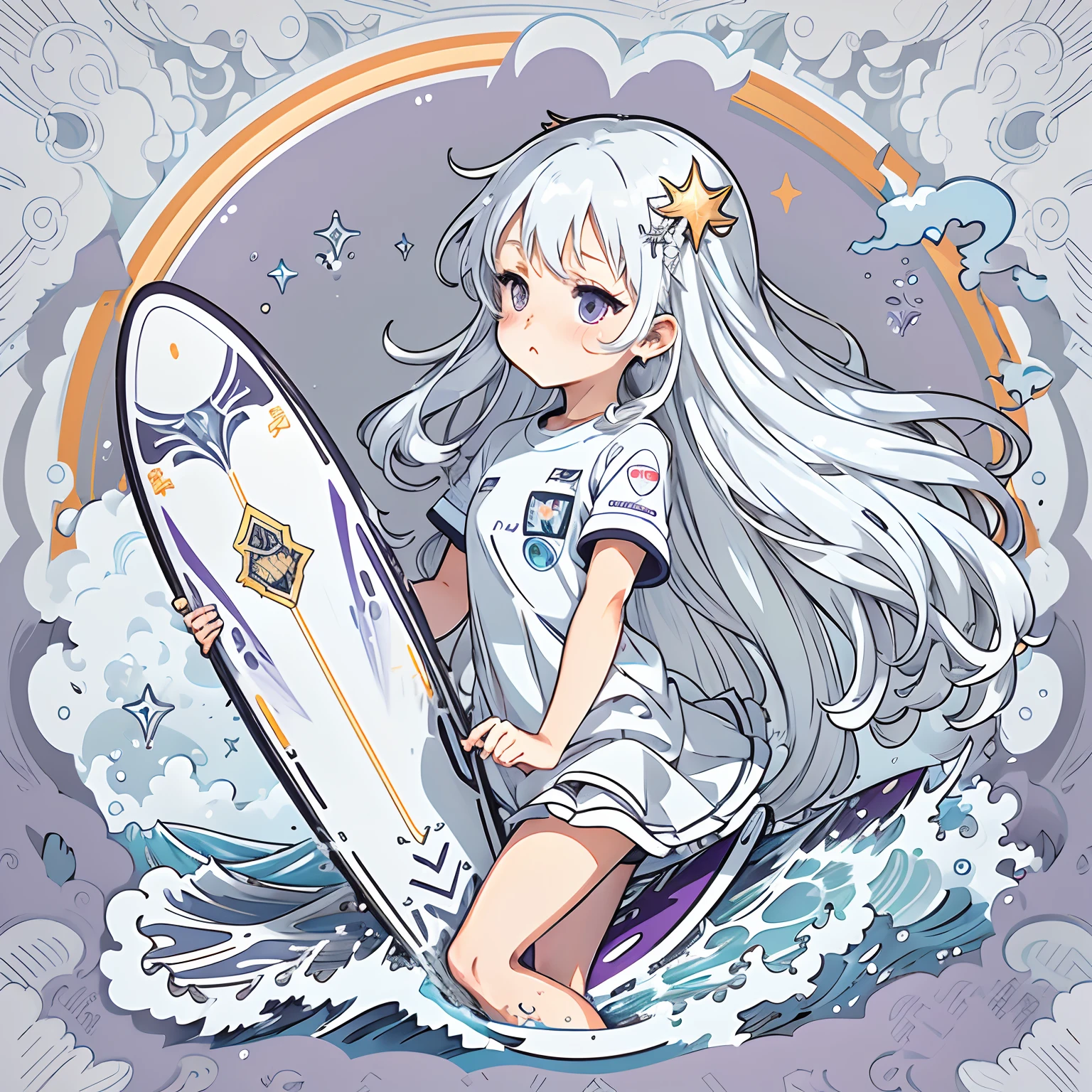 Sticker, Anime girl on surfboard riding the waves in the sea, long layered silvery white hair,Light purple eyes，Pout，cute clothing，in circle, White background, Gold border，Simple, Ultra detailed, Detailed drawing, vectorised, Silhouette, 8K, professional sticker design, Flat design, Vector lines, Sticker, Drawing, Drawing, Full-HD