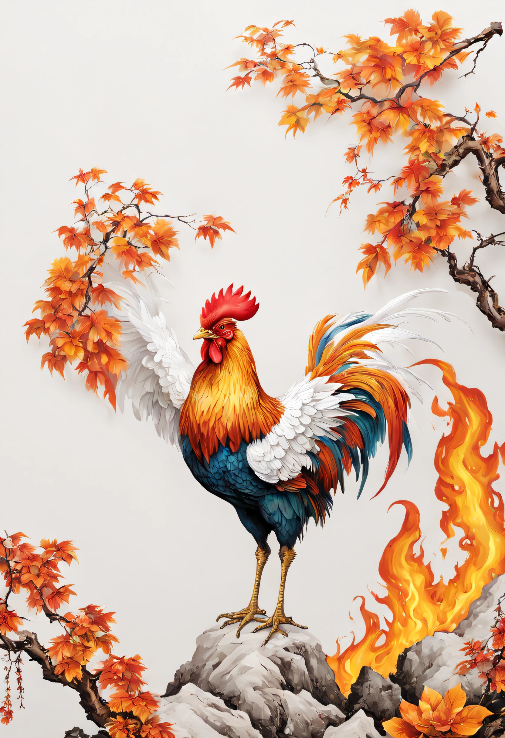 Colorful childish chicken，plane trees，Surrounded by flames，[(White background:1.5)::5]，中景 the scene is，full bodyesbian，China-style，florals，stone fragment，Beautiful and delicate Chinese phoenix，（Fine strokes：1.1）, Dynamic depiction, Vivid authenticity, mesmerizing charm, rich pictures, 8K, Ink painting, art-deco, projected inset, Wide-angle, super detailing, Best quality, A high resolution