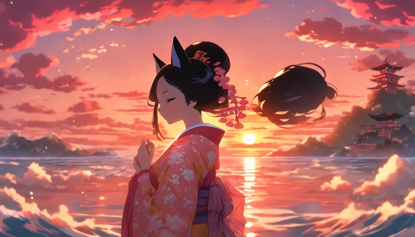 1girl, straight black hair, kimono outfit, kitsune mask, ocean reflection, pink clouds, sunset, small shrine, bright colors, landscape, scenic, anime, best quality, high resolution, realistic