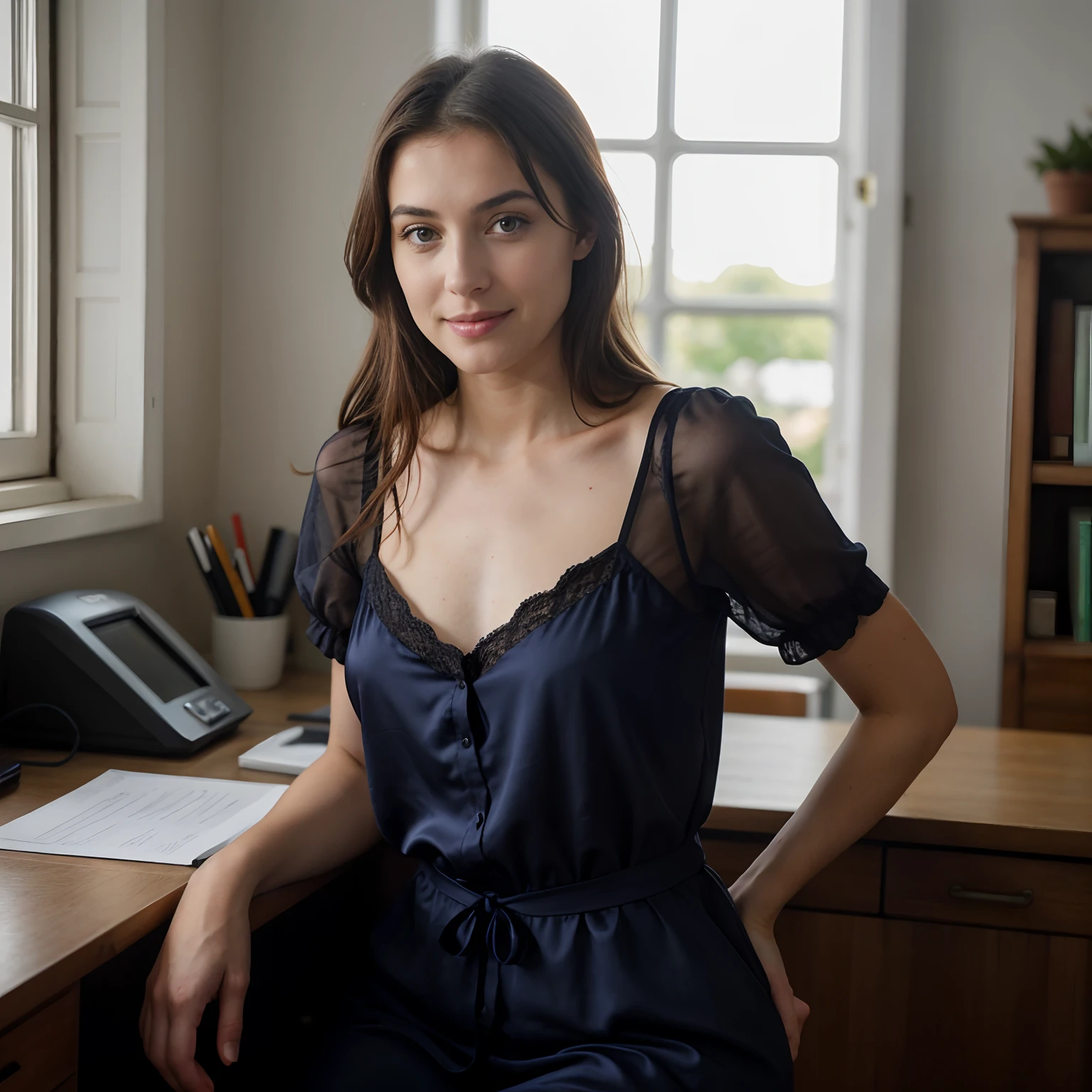 .RAW, analogique, Nikon Z 85mm,((Best quality)), ((Masterpiece)), ((Realstic)),image vintage, magnifique femme sicilienne, 18 ans, posant dans un bureau en jupe noire, Porter une chemise de bureau blanche petite en qatin , Grand sourire avec des dents visibles, (Rousseur:0.6), Intricate details, highly detailed, mise au point nette, professionnel, 4K, Rayons divins, mains dans le dos, Superbes yeux bleus, petite, high resolucion, Detailed facial features, High detail, mise au point nette, lisse, Extremely detailed, photo_\(ultra\), photoreallistic, bas, Realstic, Post-traitement, max detail, roughness, real life, ultra realist, photorealism, 8K UHD, SEMI-SILHOUETTE light, Visage italien. Moyenne poitrine, Sinueuse, Chiffre de sablier, chemise, Chemise de bureau, pose debout, chemise de bureau blanche, Satin, silk