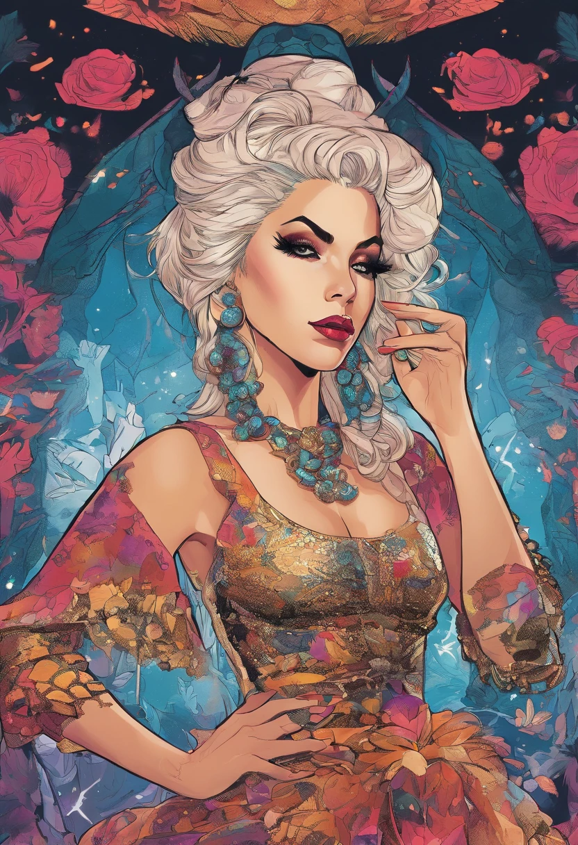 The Madam is a fair-skinned middle aged woman with long silver-white hair, tied with a blue ribbon. She wears a furred purple capelet over her shoulders and a (red sleeveless blouse:1) that ends at a purple strand of clothing exposing her legs. She wears long thigh-high black boots. Curvy, thick thighs, gigantic breasts, large breasts, skindentation, seductive older woman, glowing butterfly magic