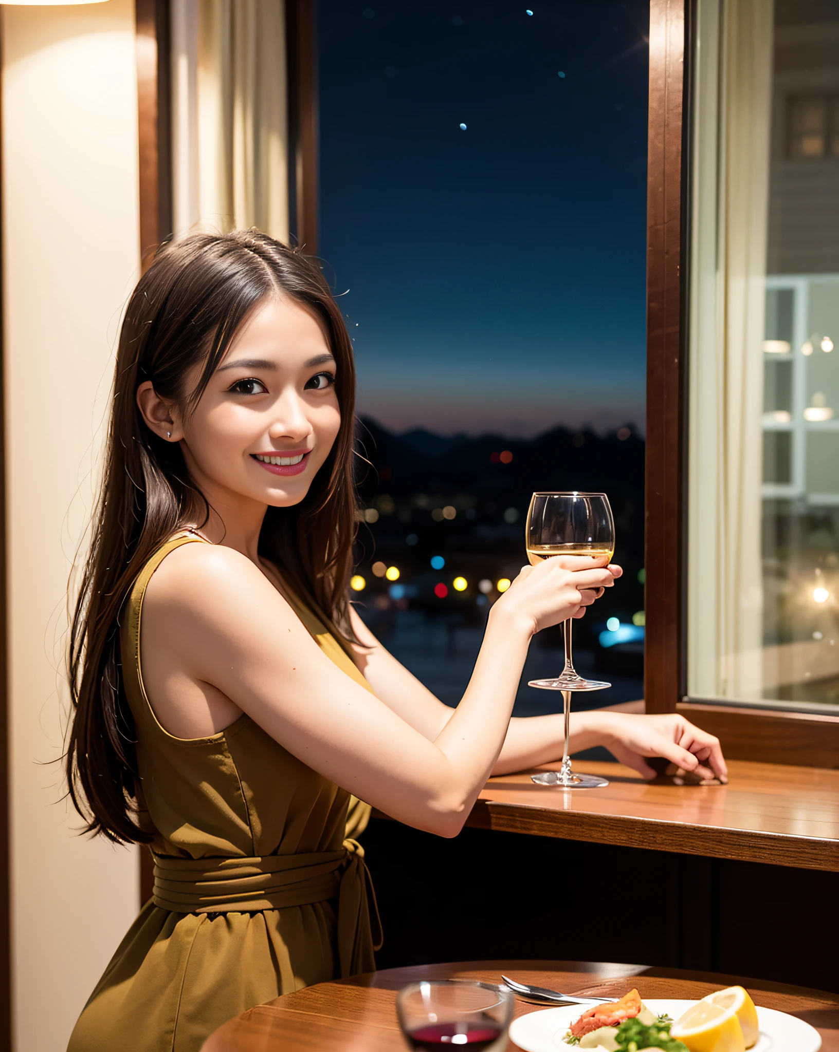 (64K, UHD, top quality, masterpiece: 1.2), (realistic, photorealistic: 1.37), super detailed, pretty woman 1 person, (slim face), (slim body), (brown hair), (short cut), cheeks slightly blushing, (44 years old), 38 years old, solo, beautiful detailed urban night view outside the window, restaurant, wine glasses sit, at night, in a prominent placeNovaFrogStyle, Actress, Model, Waist Up, White Wine, Slim, Wine Glass, Super Clean Night View, Wine Glass Put in the Middle, Happy Smile, (Smile: 1.15), Beautiful Fine Eyes, Upper Body, Bust Japan Up, Night, Short, Short, Actress, Model, Waist Up, White Wine, Slim, Wine Glass, Super Clean Night View, Wine Glass Put in the Middle, Happy Smile,