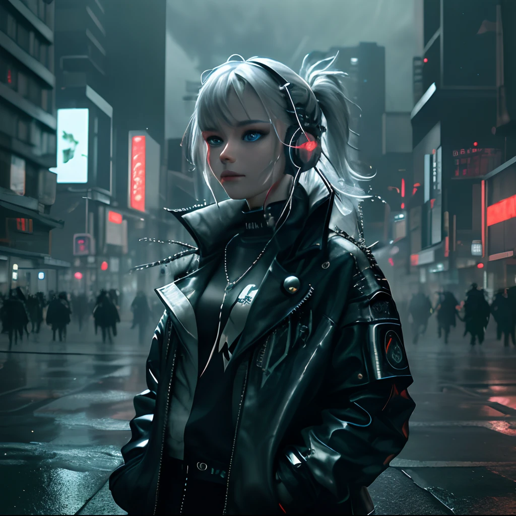 , chromatic abberation, depth of fields, Soft lighting, masutepiece, Best Quality, Convoluted, tone mapped, Highly detailed, art  stations, Concept art, Smooth, Sharp Focus, Dramatic Lighting, Highly detailed artwork, Cinematic, painting hyper realistic, Trending on ArtStation, 8K, Incredible shadows, Realistic, (Highly detailed background:1.0), Highly detailed portrait of one girl standing on a street corner, During a storm with lightning strikes and cloudy skies, neon and cyberpunk background, She wears punk clothes with silver chains and silver spikes, She has a butterfly wing hair clip in her wild hair, She wears headphones and a tie, Petite, Detailed glowing red eyes with distinct pupils, Ominous aura halo, Smile, punk, Cyberpunk, Backlighting