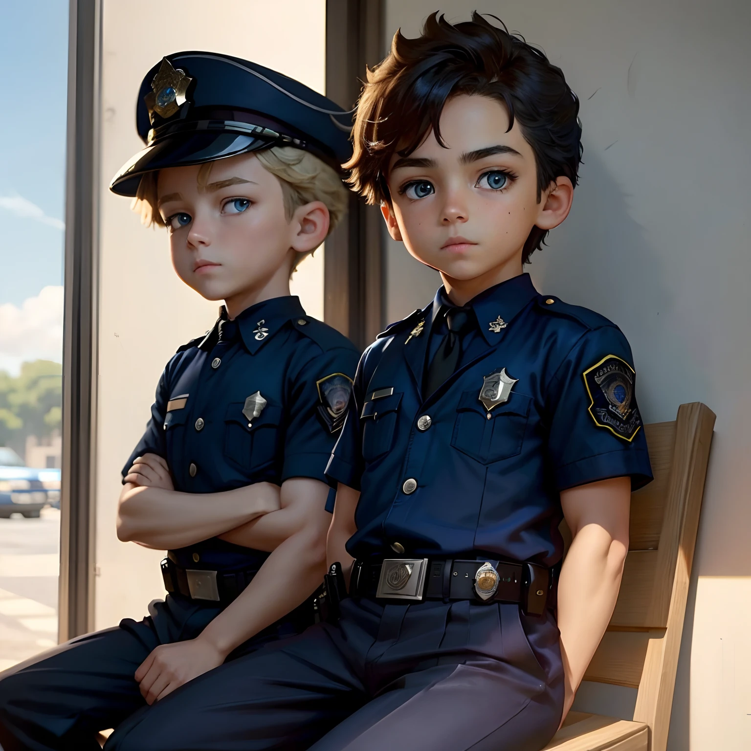 Zootopia,
police officers((younge boy)) Pairs and ((Clear navy blue eyes)),
((half-length portrait)), ((Wear an American police uniform)),
BREAK
((Sitting at the police station on a sunny day)),
(Detailed background, depth of fields, half body shadow, Sunlight, ambient light on the body),
(Convoluted:1.1), (high detailing:1.2), (Soft Focus), [explict content, questionable content], (masutepiece, Best Quality, 4K, 2 k, Shaded, absurd res)