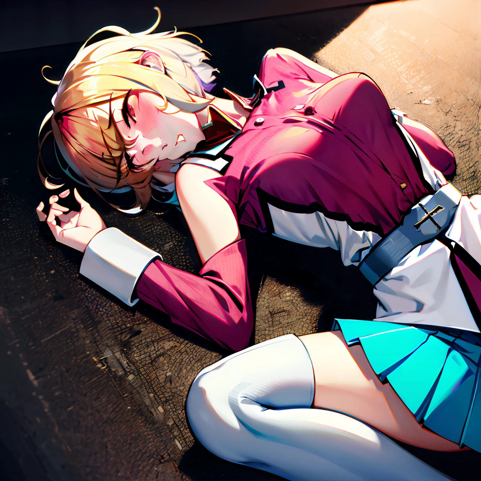 eichi tenshouin, blue eyes, short blonde hair, girl, 1girl, chains, basement, kidnapped, chained, hands chained, bruises, abuses, scary, blood dripping, kidnap, victim girl, solo girl, solo, wearing white tshirt, black shorts, slim legs, bandages, chains, chained, abused, purple bruises, bruises around eyes,  chained arms, kidnapping  chained neck, collar, dog collar on girl