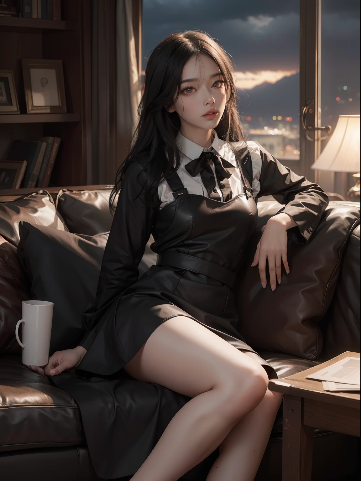 (Hyper-realistic), (Illustration), (High resolution), (8K), (Extremely detailed), (Best Illustration), Yol ( chain saw man ), (Beautiful detailed eyes), (Best Quality), (Ultra-detailed), (masutepiece), (Wallpaper), (Detailed face), Solo, Upper body, Focus on Face, 1 girl, Long Black Hair, Korean, Thin eyeshadow, A detailed eye, Brown eyes, Small moles under the eyes, very slender legs,Long sleeve shirt, Neckbow,  Small breasts,Black leather shoes,pinafore dress, Dynamic Pose, low illuminance, Night, Dark, Clouds, a dark night,sit on sofa,Drinking black tea,