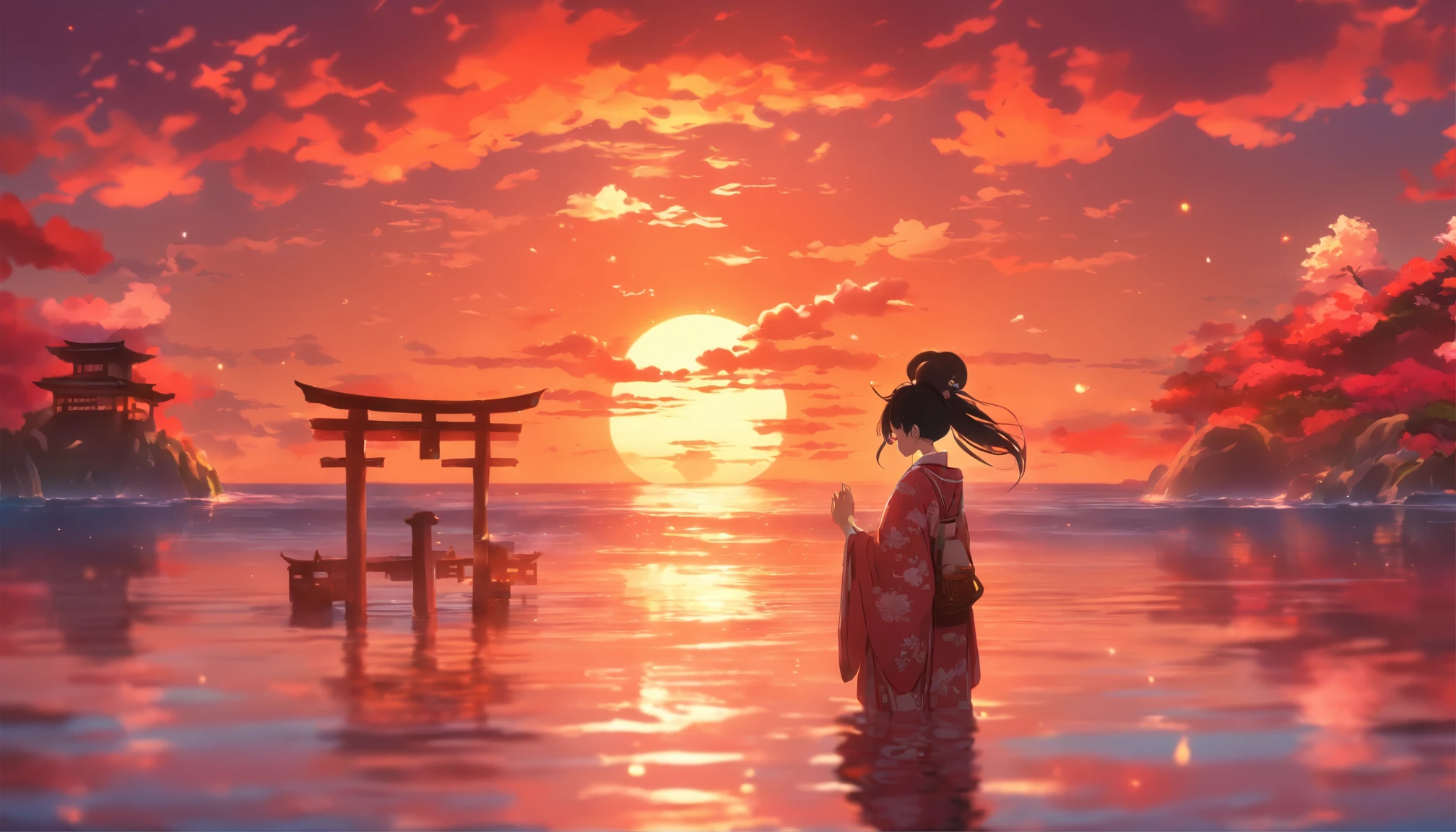 1girl, straight black hair, kimono outfit, kitsune mask, ocean reflection, pink clouds, sunset, small shrine, bright colors, landscape, scenic, anime, best quality, high resolution, realistic
