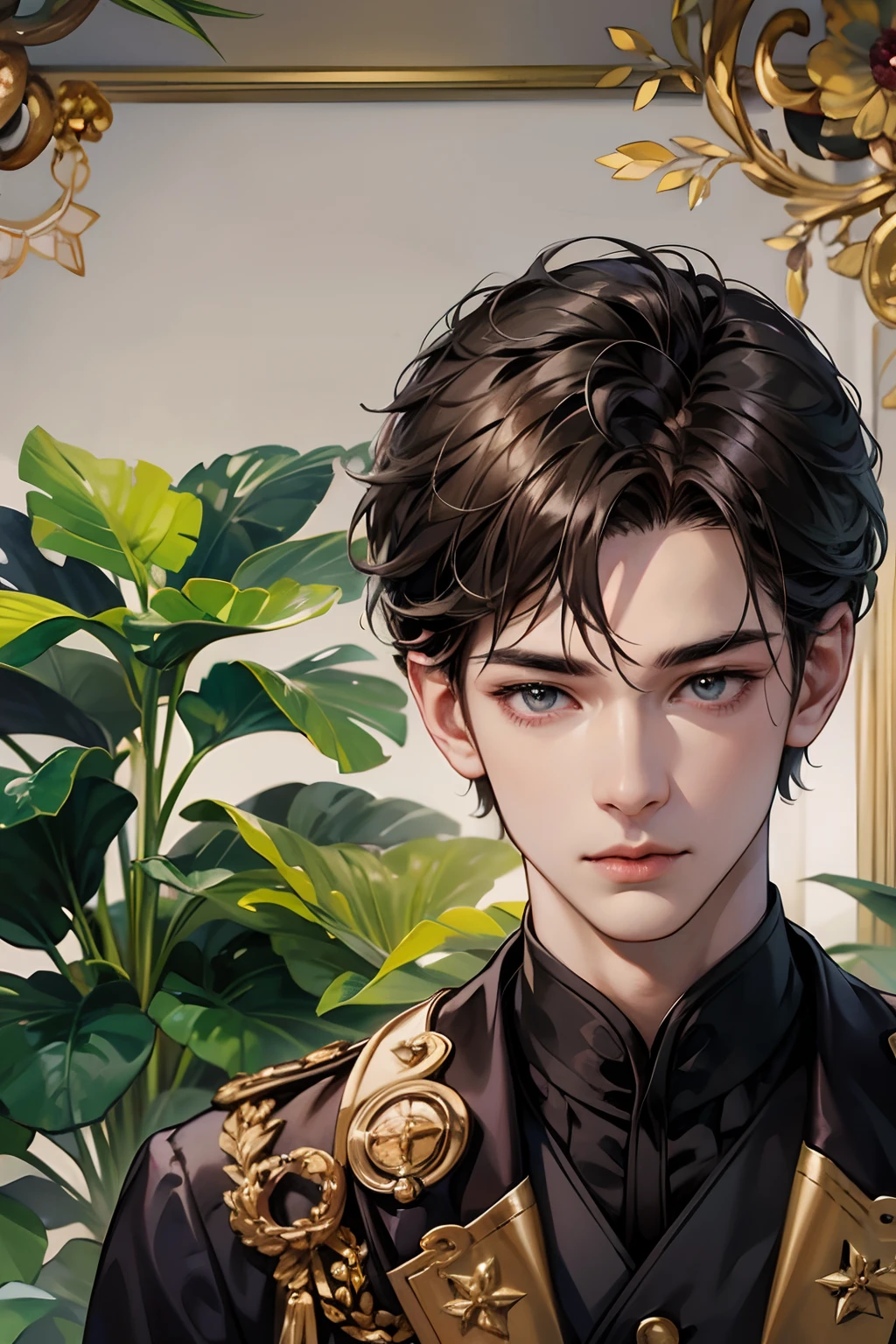 （hoang lap，A high resolution，ultra - detailed，hdr），tmasterpiece，best qualtiy，1boy，独奏，Handsome，short detailed hair，dark brown  hair，Fine eyes and detailed face，In black suit，（Pale and white skin），looki at viewer，Ear stitching，elegant look, royal clothing, prince , center of attention to detail,