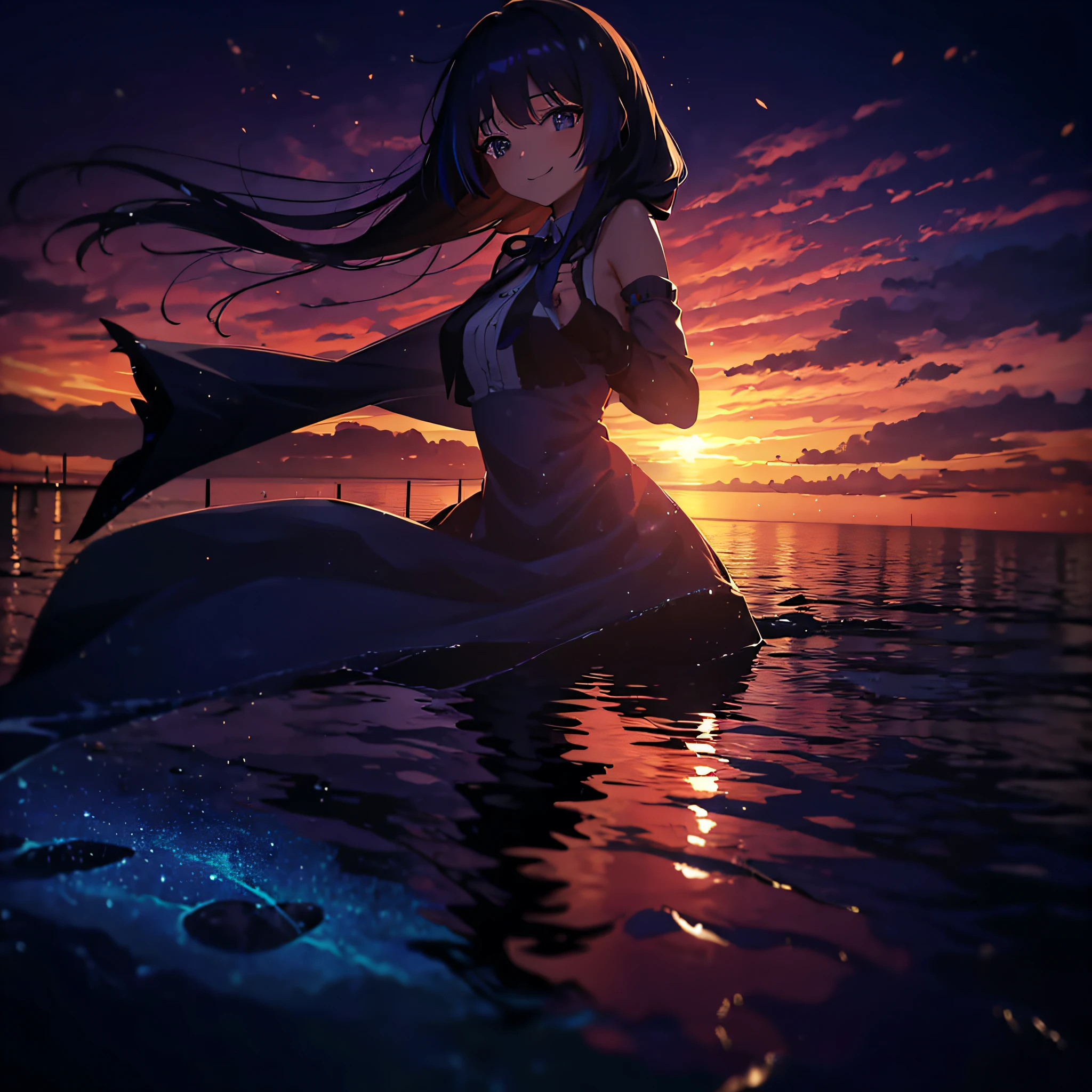 (masutepiece:1.3), (Best Quality:1.3), High resolution, Couboy Shot, I'm on the street with my arms outstretched and a big smile on my face.、Retro cityscape、Spread your arms、Hair color is purple、Long hair、Blue Mesh、Squat position、Vivid sea、Iridescent Sea、huge smile、Spectacular background、The sun's rays illuminate her so beautifully, (One Cute Girl:1.3), 、Long hair, Hair over one eye, Large breasts, Neck ribbon, Swim in the sea、Spectacular sunlight seen from the deep sea、Dress, Detached sleeves,swet、pyjamas, White pantyhose