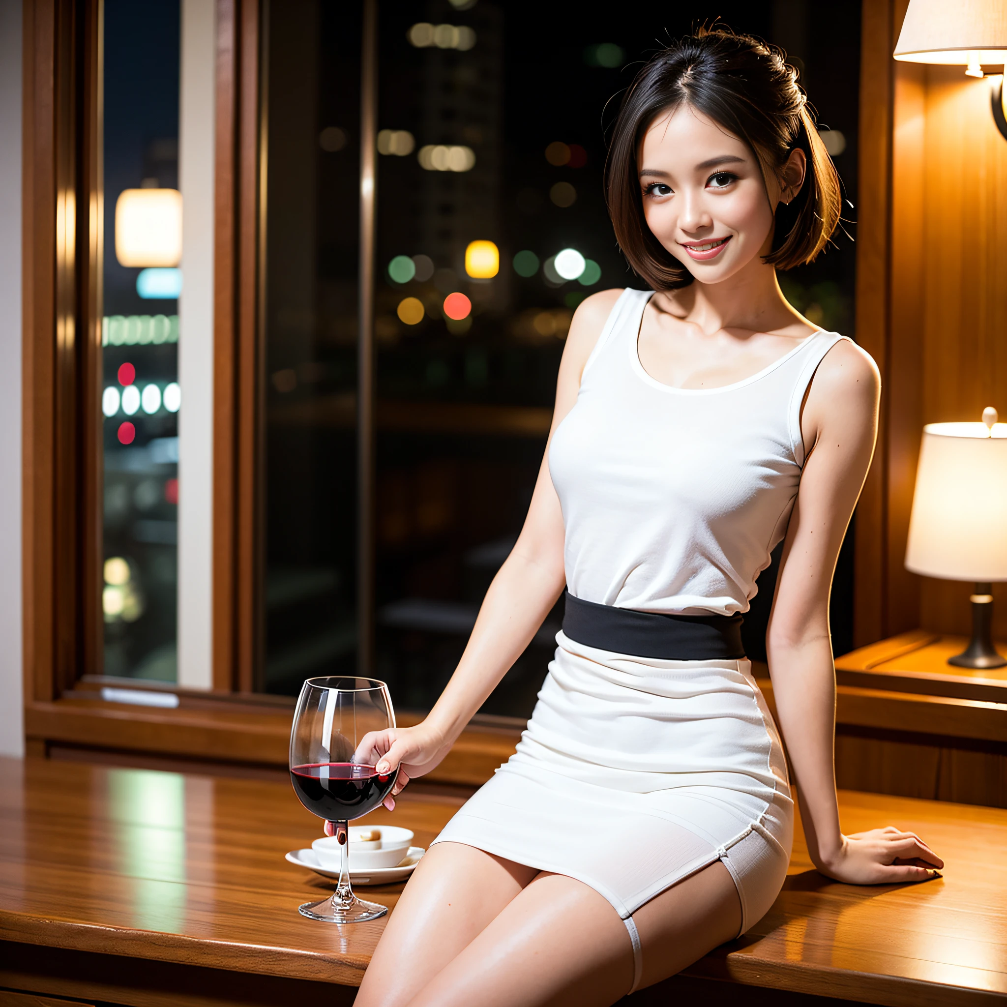 (64K, UHD, top quality, masterpiece: 1.2), (realistic, photorealistic: 1.37), super detailed, pretty woman 1 person, (slim face), (slim body), (brown hair), (short cut), cheeks slightly blushing, (35 years old), 38 years old, solo, beautiful detailed urban night view outside the window, restaurant, wine glasses sit, at night, in a prominent place (from the waist up) NovaFrogStyle, Actress, Model, Waist Up, White Wine, Slim, Wine Glass, Super Clean Night View, Wine Glass Put in the Middle, Happy Smile, (Smile: 1.15), Beautiful Fine Eyes, Upper Body, Bust Japan Up, Night, Short, Short, Actress, Model, Waist Up, White Wine, Slim, Wine Glass, Super Clean Night View, Wine Glass Put in the Middle, Happy Smile,
