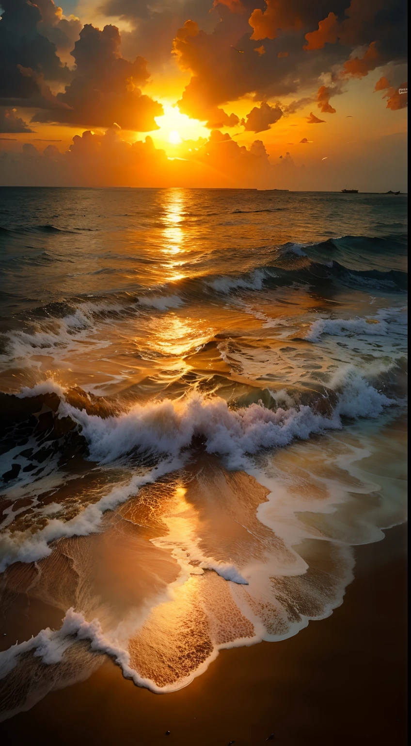 An absolutely mesmerizing sunset on the beach, with a mix of orange, pink, and yellow in the sky. The water is crystal clear, gently kisses the coast, and the white sand is endless. The scene is dynamic and breathtaking, with seagulls soaring high in the sky and palm trees swaying softly. Immerse yourself in the calm atmosphere and let the serenity surround you.