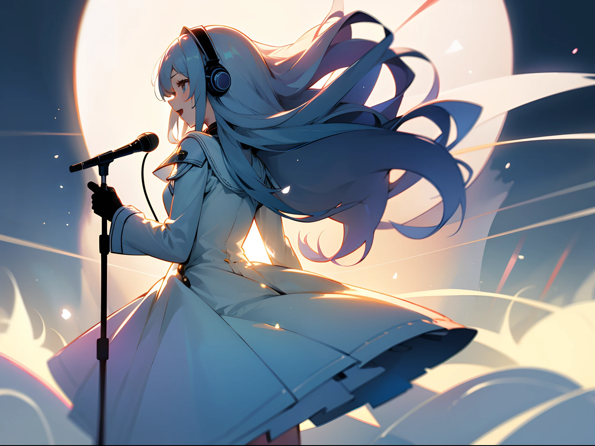Girl in a white dress with long hair singing、Stand Microphone、headphones、enjoyably、Pop、perspiring、Back lighting、