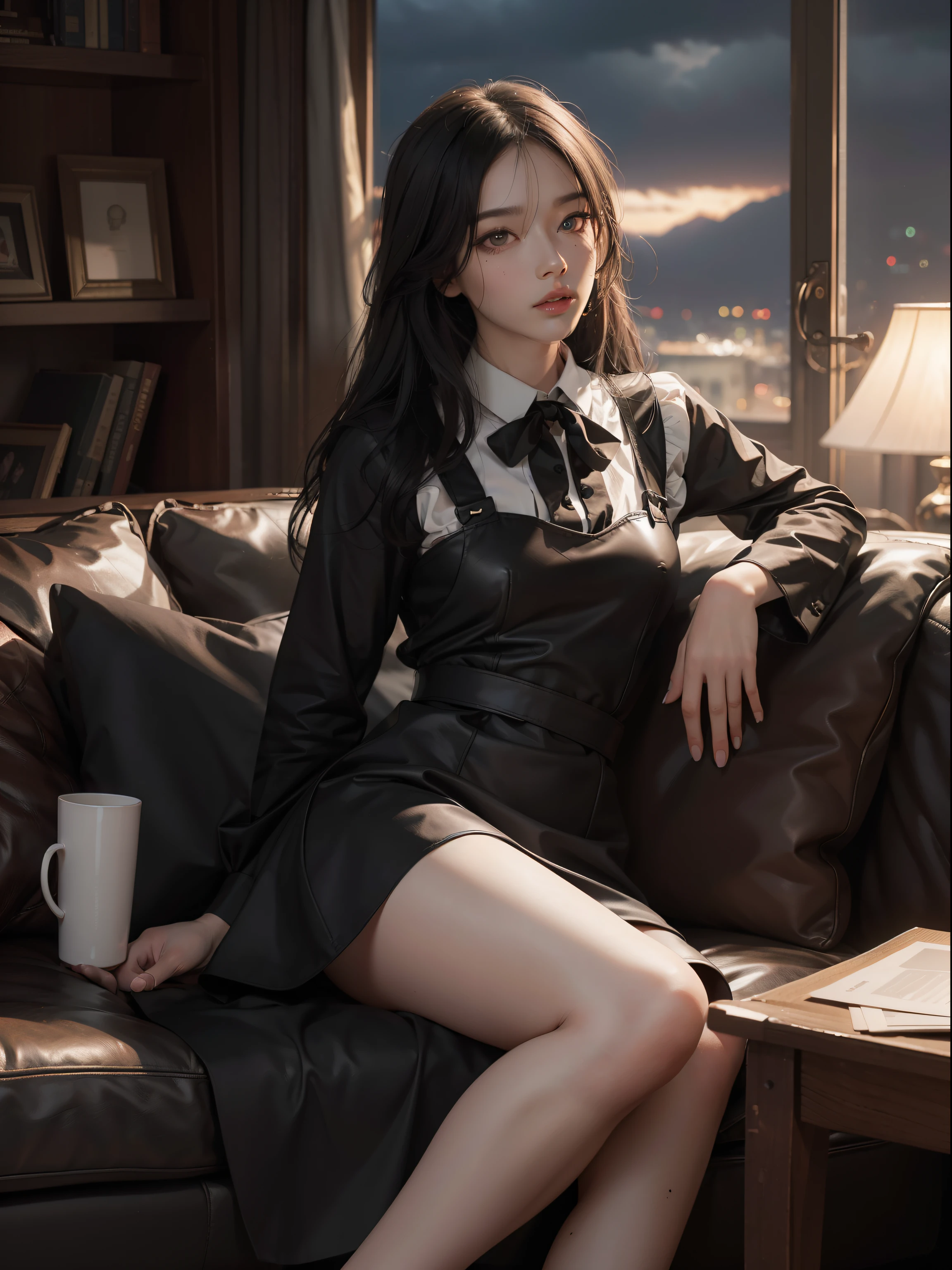 (Hyper-realistic), (Illustration), (High resolution), (8K), (Extremely detailed), (Best Illustration), Yol ( chain saw man ), (Beautiful detailed eyes), (Best Quality), (Ultra-detailed), (masutepiece), (Wallpaper), (Detailed face), Solo, Upper body, Focus on Face, 1 girl, Long Black Hair, Korean, Thin eyeshadow, A detailed eye, Brown eyes, Small moles under the eyes, very slender legs,Long sleeve shirt, Neckbow,  Small breasts,Black leather shoes, Dynamic Pose, low illuminance, Night, Dark, Clouds, a dark night,sit on sofa,Drinking black tea,
