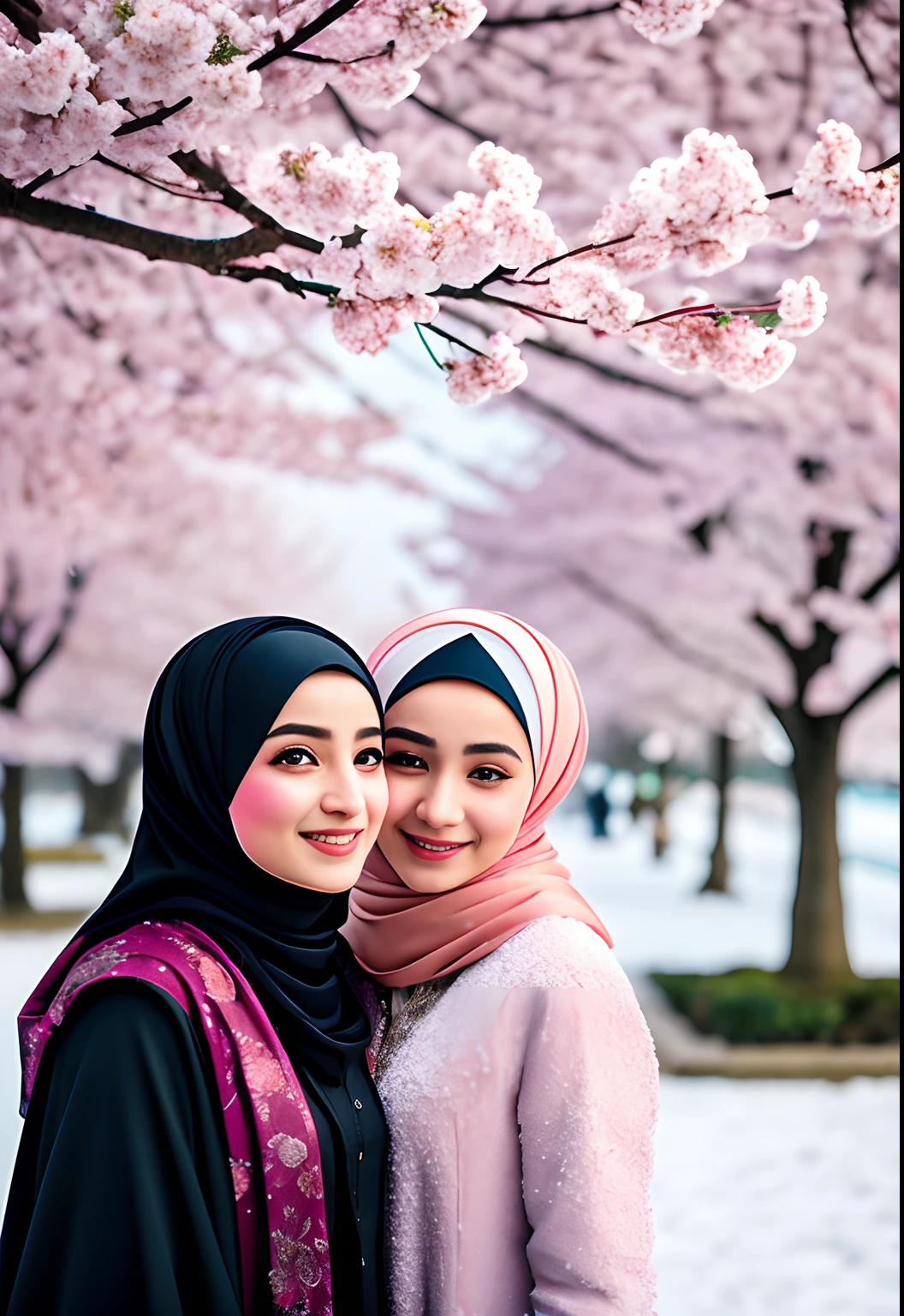 A beautiful girl wearing hijab and birkah standing in front of a cherry blossoms tree, snow falling all around, cold weather, realistic photography, ultra hd clear, ultra realistic, ultra sharpness, ultra details, masterpiece, 8k.