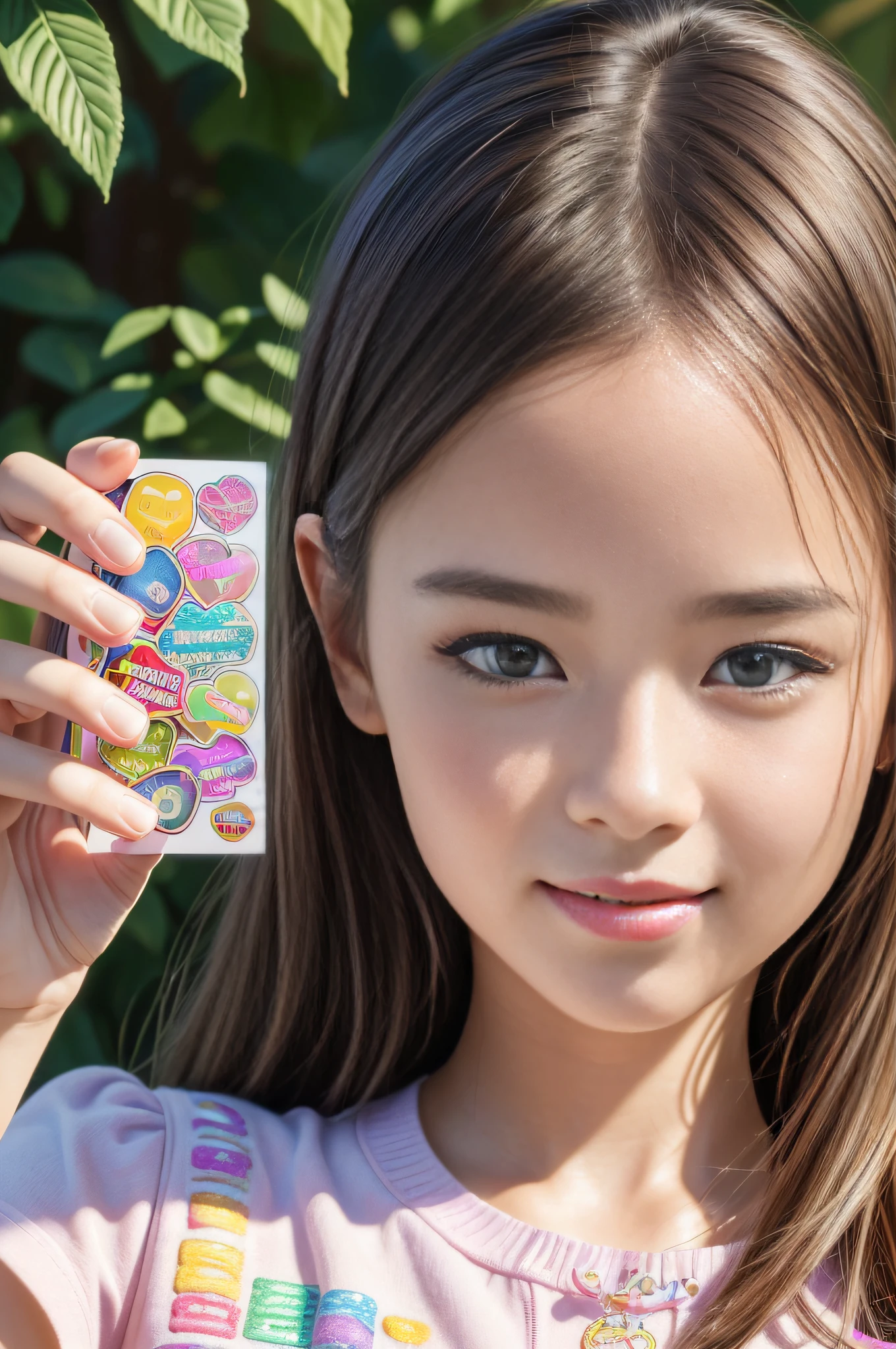 (best quality, 4k, 8k, high resolution, masterpiece: 1.2), ultra detailed, (realistic, photorealistic, photorealistic: 1.37), (portrait of a beautiful girl playing with stickers: 1.42), colorful illustrations, detailed stickers, colors vibrant, soft pastel tones, natural lighting, high resolution, whimsical atmosphere.