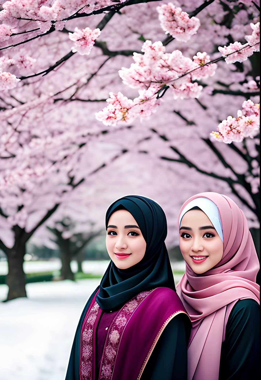 A beautiful girl wearing hijab and borkah standing in front of a cherry blossoms tree, snow falling all around, cold weather, realistic photography, ultra hd clear, ultra realistic, ultra sharpness, ultra details, masterpiece, 8k.