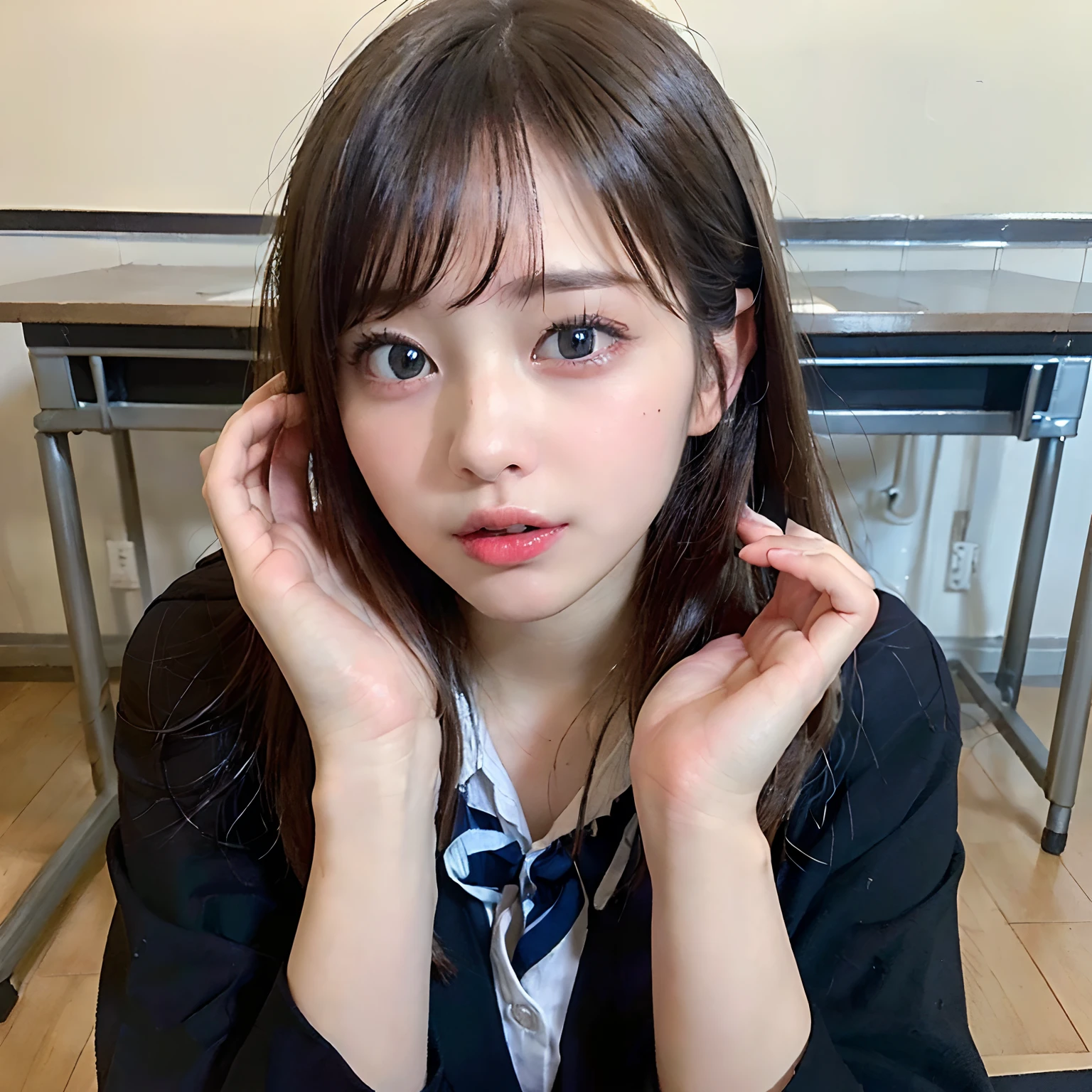 ((8K, top-quality, masterpiece, 超A high resolution, Photorealsitic:1.5)), 1girl in, cute sexy high schoolgirl, Perfect dynamic composition, In the school, tilt the neck, Sit at your desk and watch you:1.4, Highly detailed eye and face texture:1.3, Fair skin, ((School uniform with open chest:1.5, Well-shaped big)), (Beautiful blue eyes, Eyes that feel beautiful eros:1,5), (Face feeling ecstasy:1.5, Sexy face:1.5), (A mouthfeel that feels beautiful eros:1.55), (The look of love you intensely:1.7, Intense erotic poses:1.7), ((((Too erotic))))