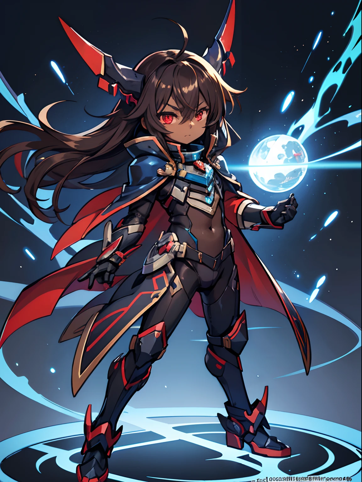 Masterpiece High res, cute (1 shota) dark skin , with red eyes, long dark brown hair, wearing a black full body magical black armoured powersuit l, black leggings, blue gaunlets, long blue coat, xenoblade chronicles 3, future cardfight buddyfight, demon lord