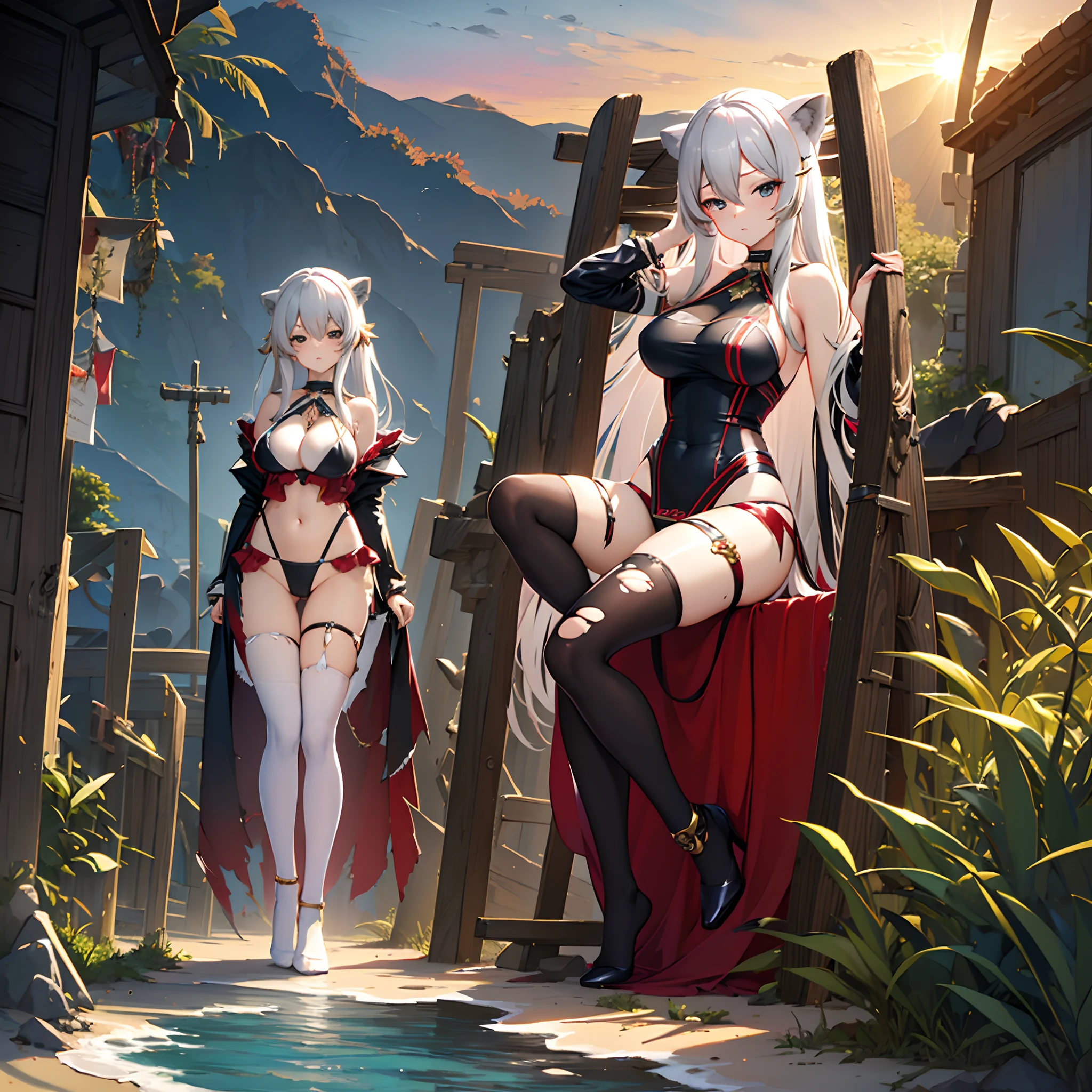 masterpiece, best quality, ultra-detailed, illustration, Shishiro Botan, long hair, 1girl, full body, black eyes, multicolored hair, silver hair, swimsuit, torn black kneehighs, detailed background, mksts style, beach, sunset