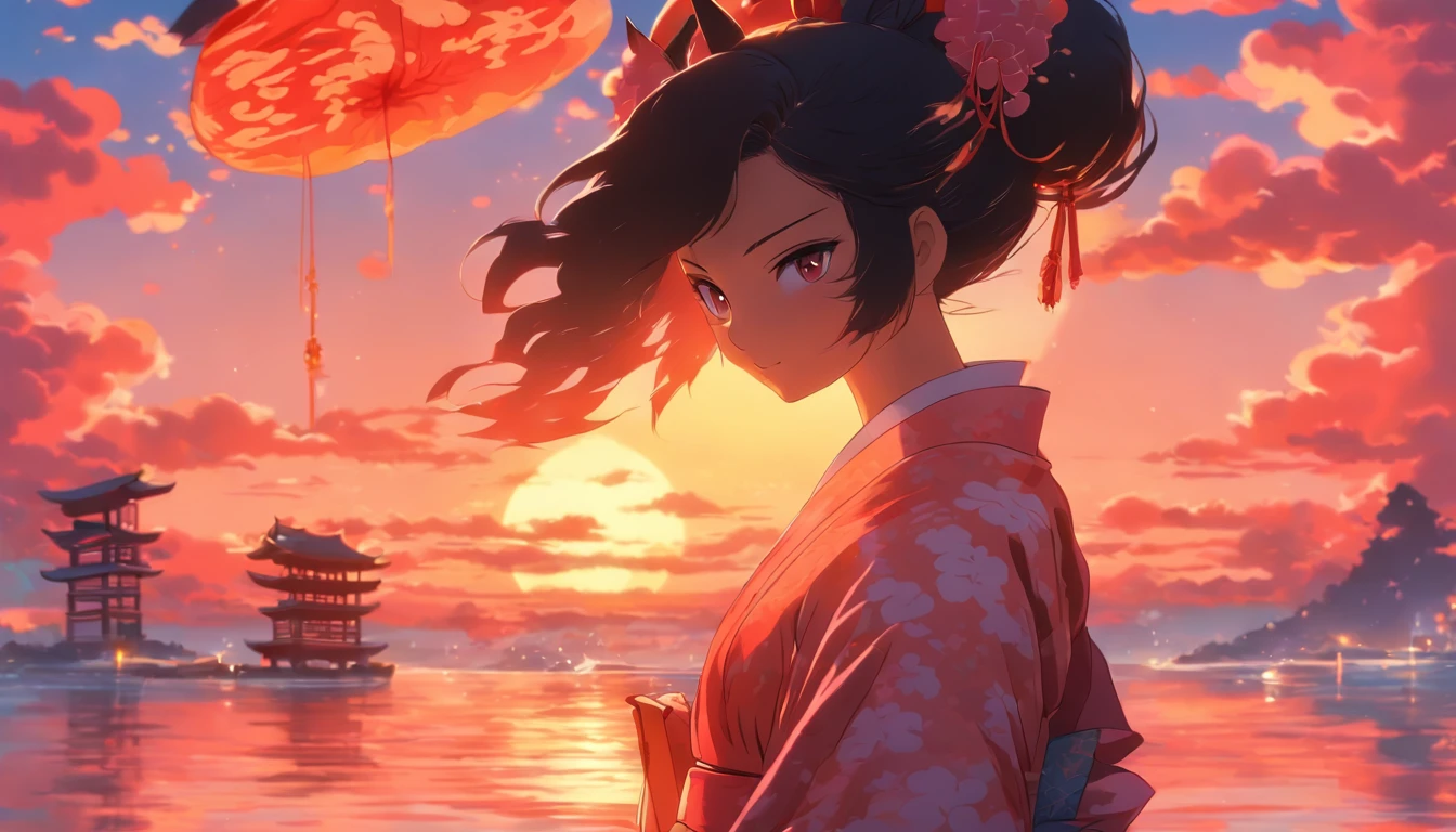 1girl, straight black hair, kimono outfit, holding a kitsune mask, ocean reflection, pink clouds, sunset, small shrine, bright colors, landscape, scenic, anime, best quality, high resolution