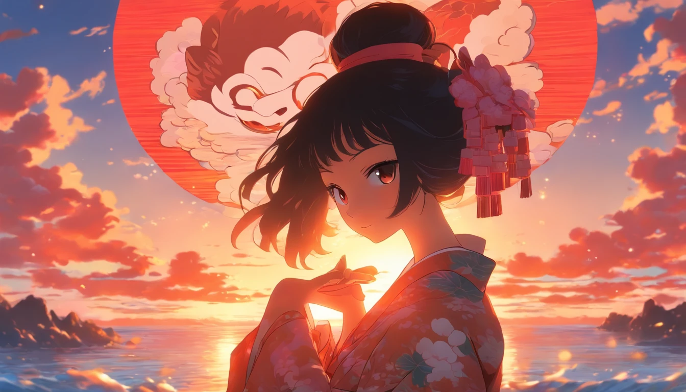 1girl, straight black hair, kimono outfit, holding a kitsune mask, ocean reflection, pink clouds, sunset, small shrine, bright colors, landscape, scenic, anime, best quality, high resolution