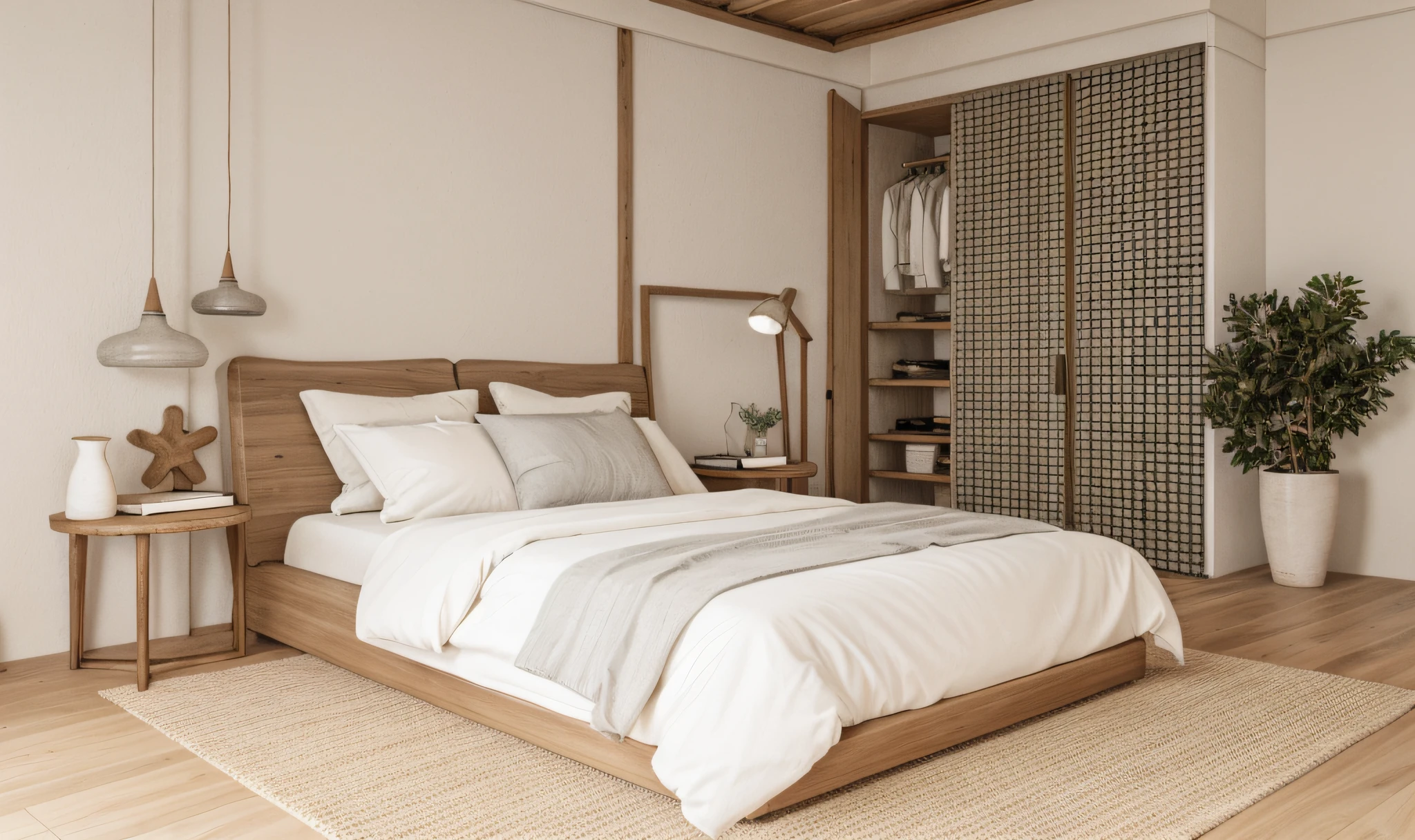 wabi-sabi bedroom interior, wabi-sabi interior style, design tends to be minimalist, calming and natural atmosphere, ((gray and white color scheme)), ((rough-hewn wood)), handmade textiles,natural fabrics, tab, lamp, rug, wood floor, drapes,glass window, door, (rough-hewn ceiling), (rough-hewn wall), wardrobe, rough-hewn wood cabinet, picture frames, antique furniture and decor items, cinematic