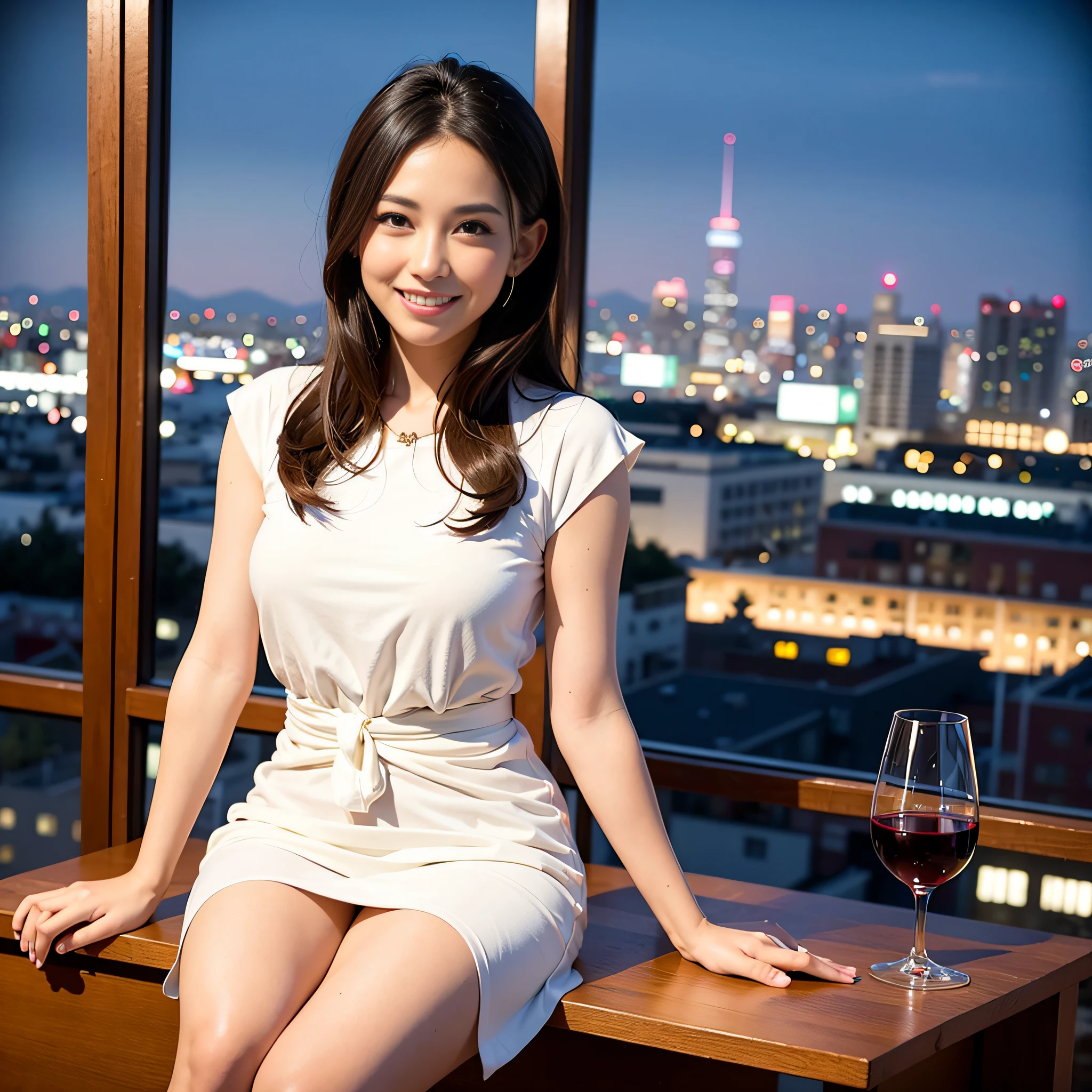 (64K, UHD, top quality, masterpiece: 1.2), (realistic, photorealistic: 1.37), super detailed, pretty woman 1 person, (slim face), (slim body), (brown hair), (short cut), cheeks slightly blushing, (39 years old), 38 years old, solo, beautiful detailed urban night view outside the window, restaurant, wine glass sitting, night, in a prominent place (from the waist up) NovaFrogStyle, Actress, Model, Waist Up, White Wine, Slim, Wine Glass, Super Clean Night View, Wine Glass Put in the Middle, Happy Smile, (Smile: 1.15), Beautiful Fine Eyes, Upper Body, Bust Japan Up, Night, Short, Short, Actress, Model, Waist Up, White Wine, Slim, Wine Glass, Super Clean Night View, Wine Glass Put in the Middle, Happy Smile,