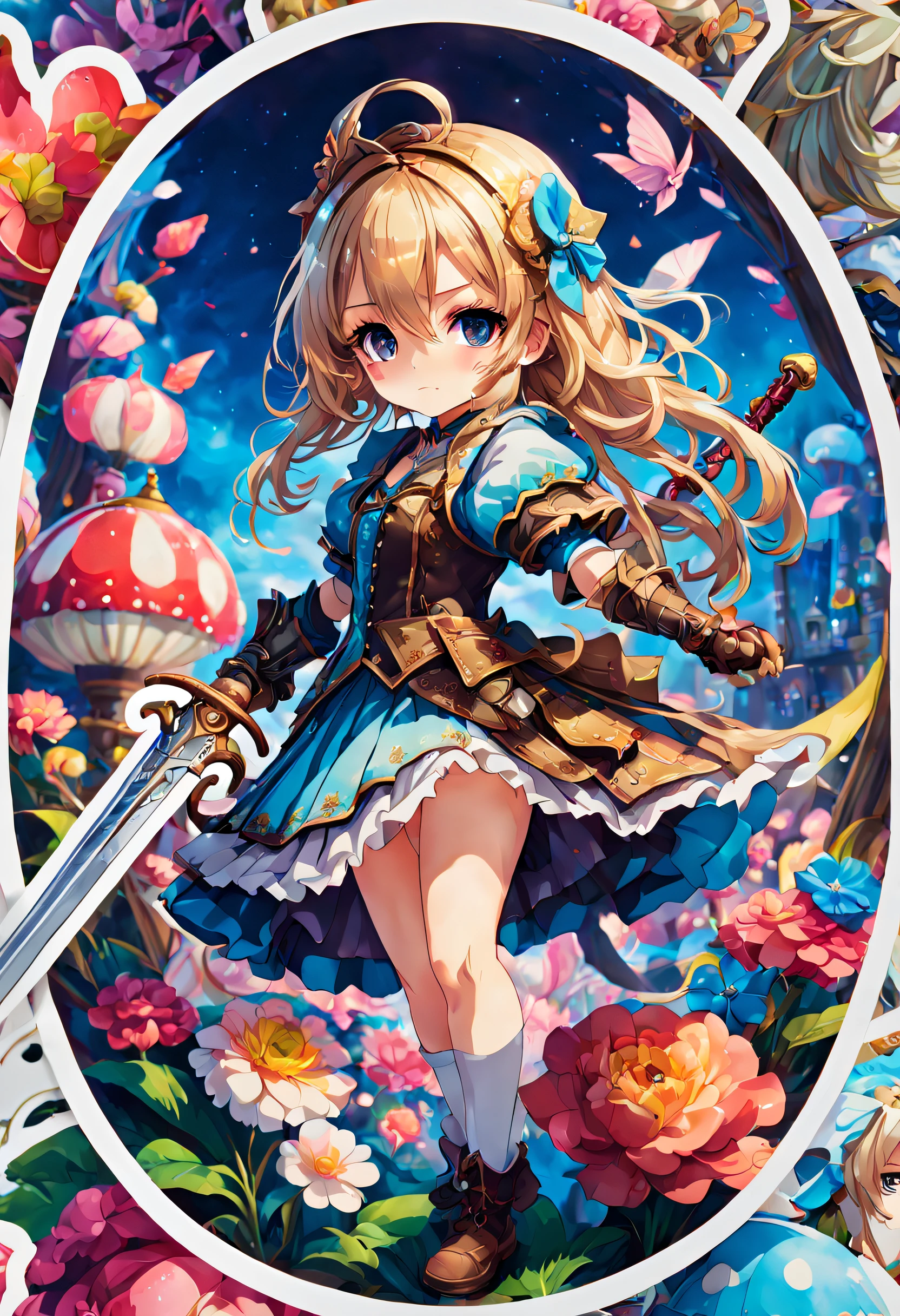 Stickers，Sticker，1girll, With a sword, Anime style，Dreamland Wonderland、fanciful，tmasterpiece，k hd，Rich in color，Detailed details，Seven colors,(Best quality,Masterpiece, iintricate,hyper-detailing,8K  UHD,超高分辨率，extremely detaile)