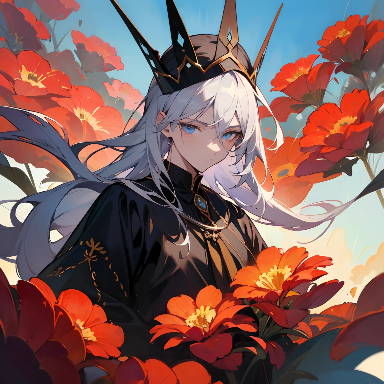 Silver-haired man beautiful boy wearing a jet black crown in black clothes with gold decoration、Her eyes are vermilion、Expressionless illustration buried in colorful beautiful flowers Anime watercolor oil painting The sky is blue sky