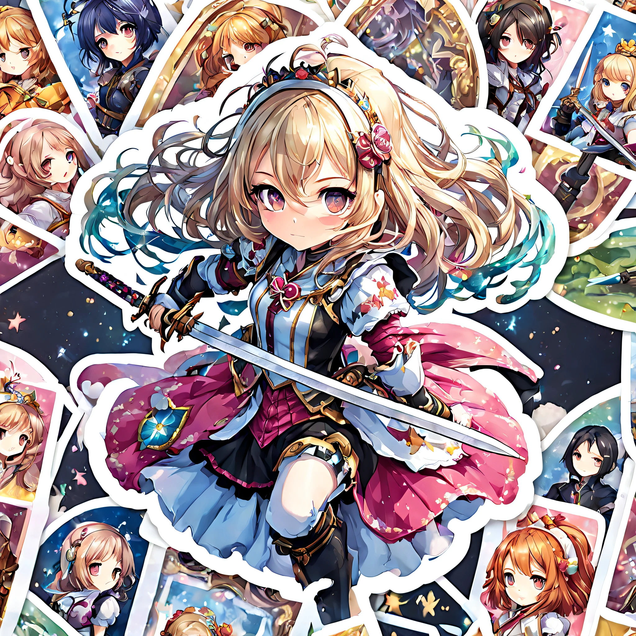 Stickers,Sticker,1girll, With a sword, Anime style,Dreamland Wonderland、fanciful,tmasterpiece,k hd,Rich in color,Detailed details,Seven colors,(Best quality,Masterpiece, iintricate,hyper-detailing,8K UHD,超高分辨率,extremely detaile)