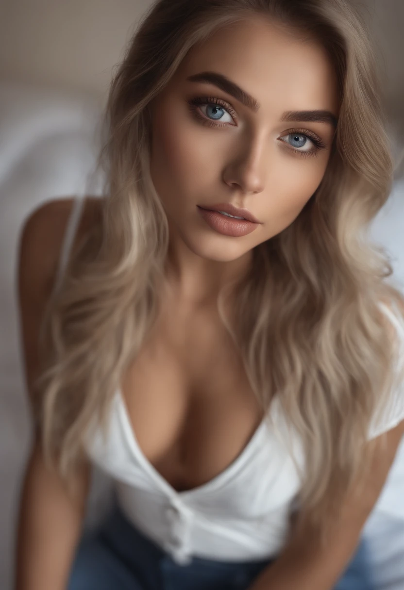 Arafed woman completely , fille sexy aux yeux bleus, ultra realist, Meticulously detailed, Portrait Sophie Mudd, cheveux blonds et grands yeux, selfie of a young woman, Yeux de chambre, Violet Myers, sans maquillage, maquillage naturel, looking straight at camera, Visage avec Artgram, Maquillage subtil, Great photo of the whole body kneeling on the bed, dans la chambre, Medium to large bust