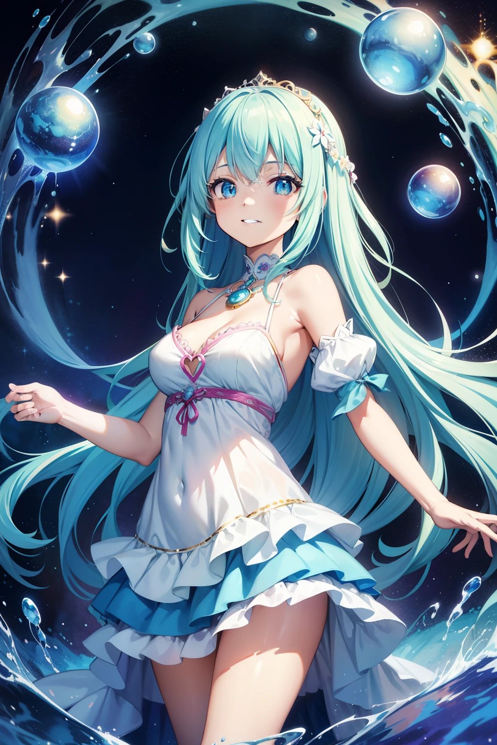 masutepiece, Best Quality, Intricate details,Beautiful Girl, Light blue long hair, Twin-tailed, A charming smile, Sparkling eyes, Otherworldly liquid fantasia background, watercolor paiting, bright vivid colors, capricious, Colorful, Layered Tiered Colorful Dresses,