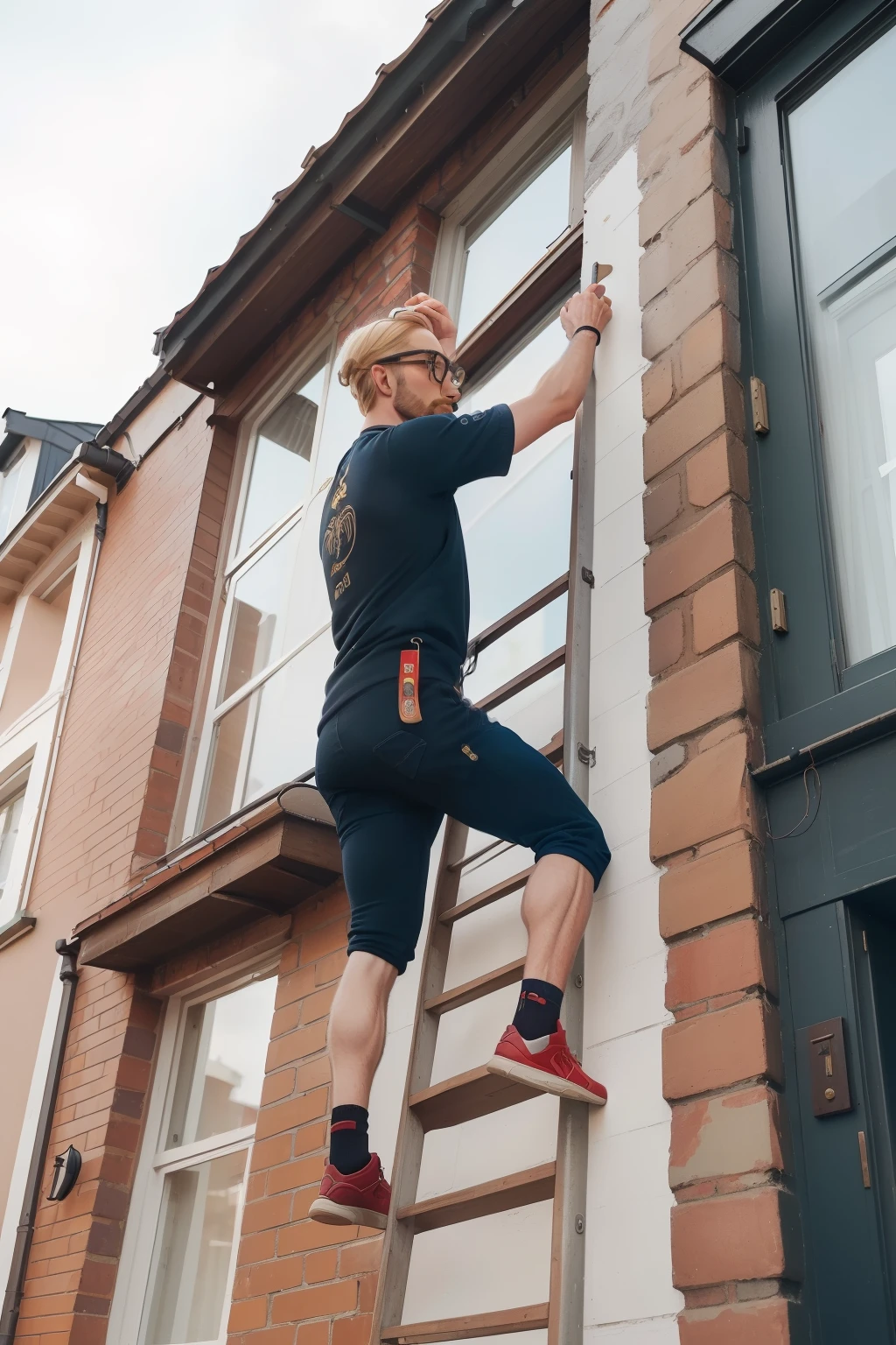 year: 2023. Location: Sweden. Pre-Raphaelite scene with a 35-year-old man, blonde, frekles, glasses, climbing a ladder, reaching for a window, terraced houses, ((((casual Clothing from the 2020s)))) ((Hairstyle of the 2020s)), (((in the style of "OMITB")))