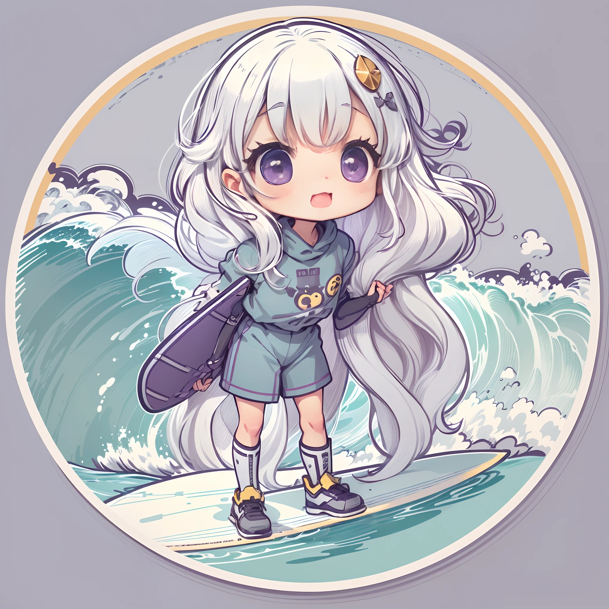 (a sticker),(White background),(in circle), (Anime girl surfing in the sea on surfboard), long layered silvery white hair,Light purple eyes，joyful expressions，cute clothing.Gold border,Simple, Ultra detailed, Detailed drawing, vectorised, Silhouette, 8K, professional sticker design, Flat design, Vector lines, Sticker, Drawing, Drawing, Full-HD